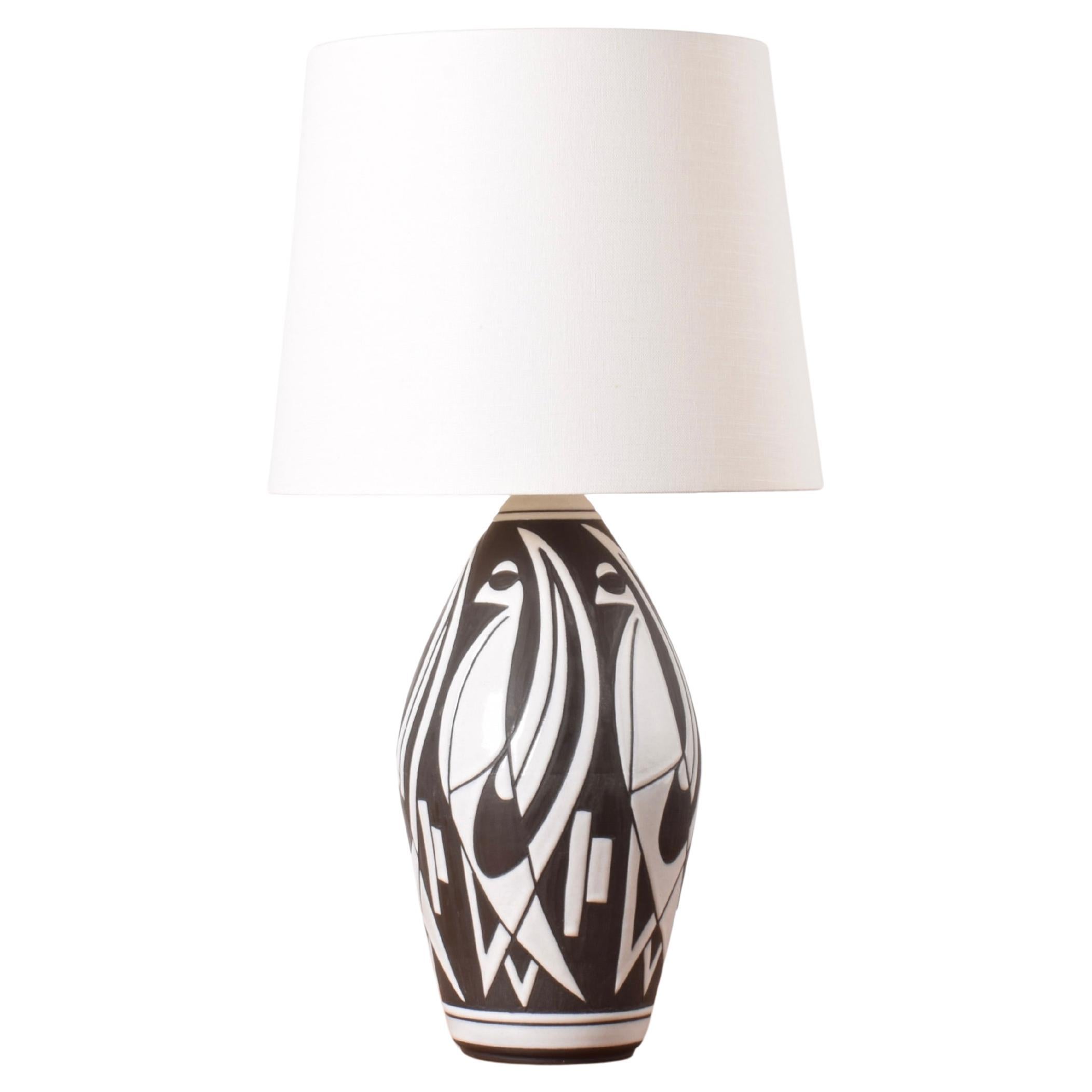 Marianne Starck for MA&S Ceramic Table Lamp Sgraffito Black White, Danish 1960s For Sale