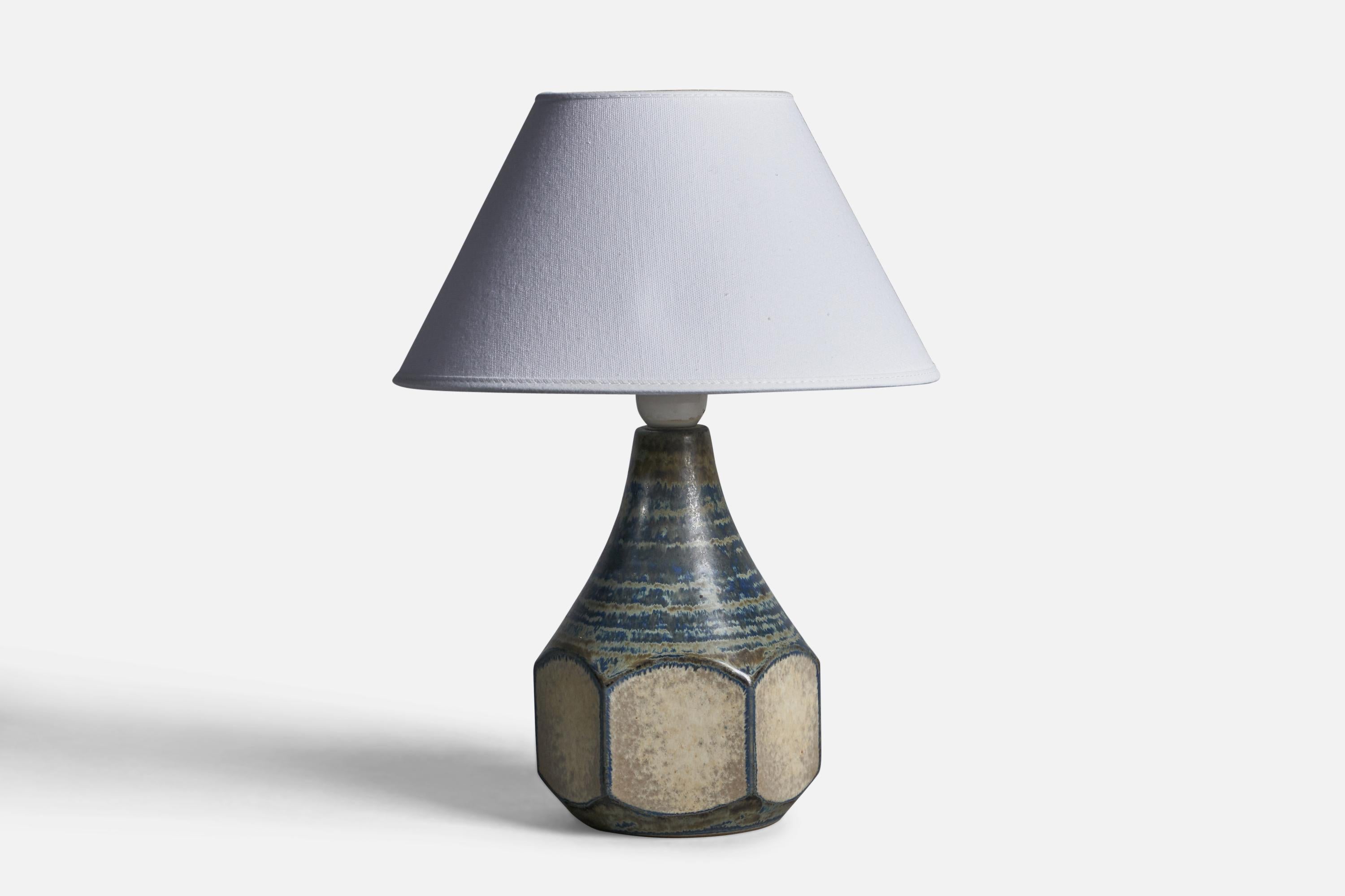 A grey and blue-glazed stoneware table lamp, designed by Marianne Starck and produced by Michael Andersen, Bornholm, Denmark, 1960s.

Dimensions of Lamp (inches): 10.5