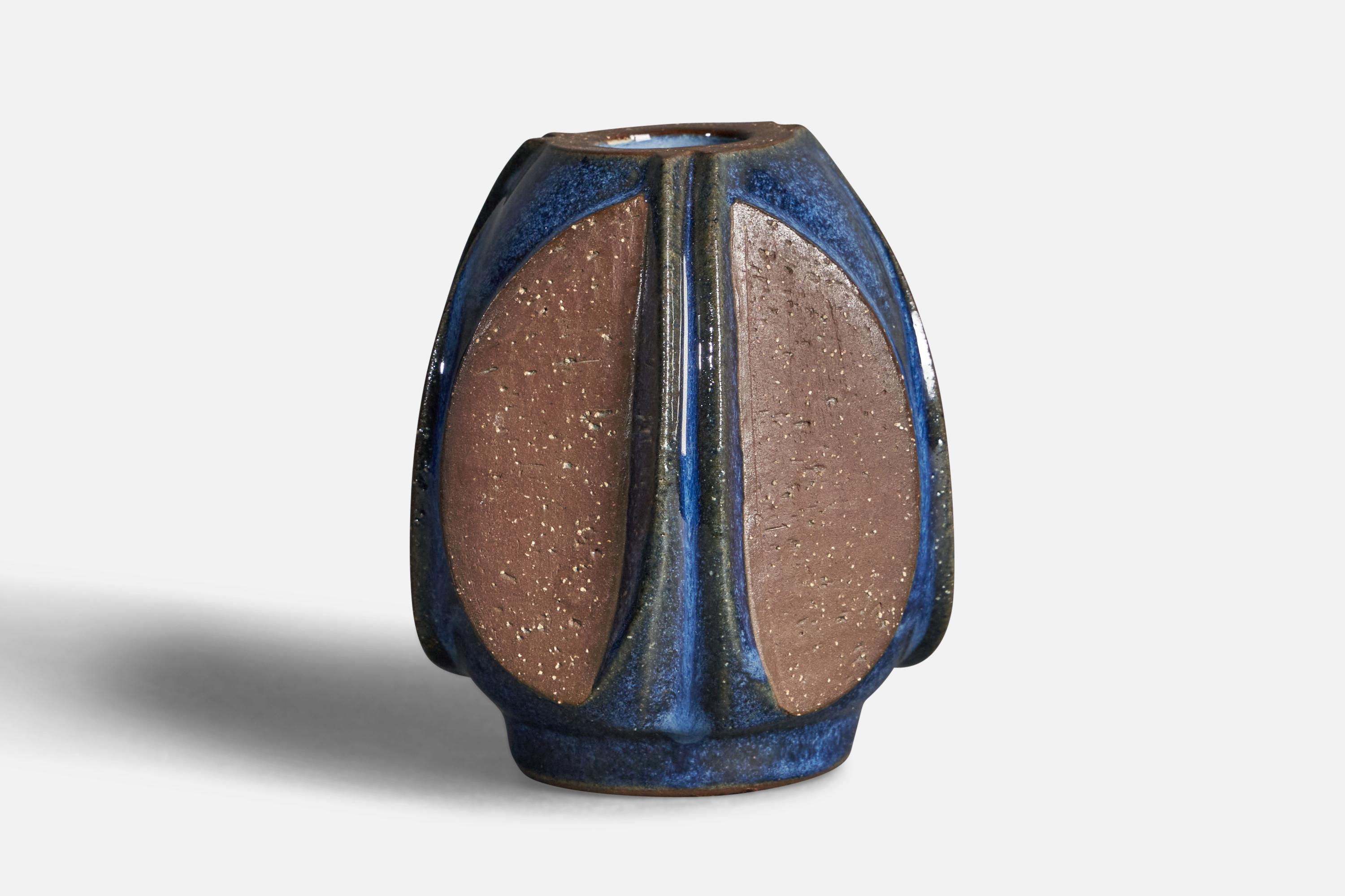 A semi blue-glazed stoneware vase designed by Marianne Starck and produced by Michael Andersen, Bornholm, Denmark, c. 1960s.