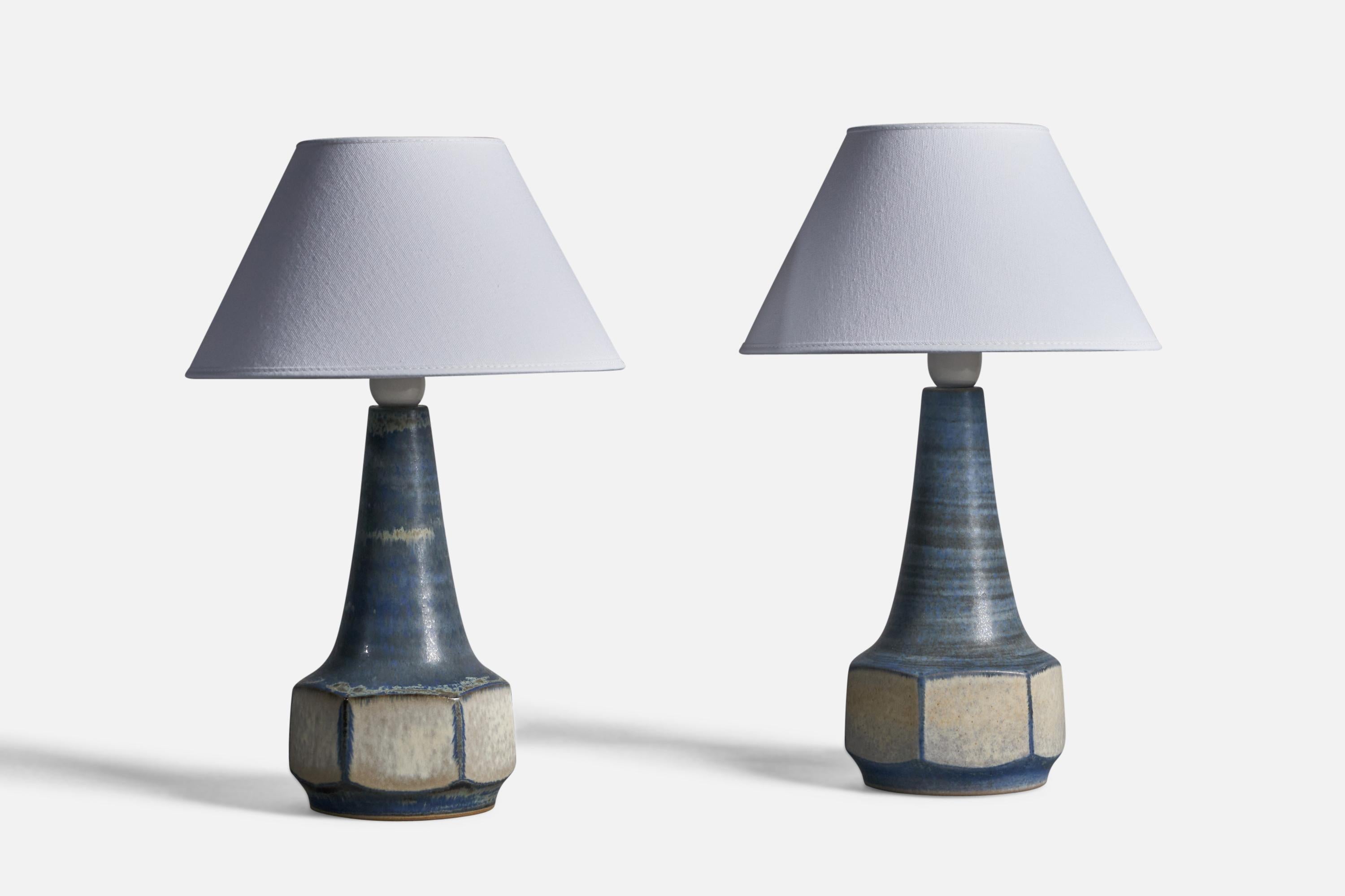 A pair of blue and grey glazed stoneware table lamps, designed by Marianne Starck and produced by Michael Andersen, Bornholm, Denmark, 1960s

Dimensions of Lamp (inches): 12.25