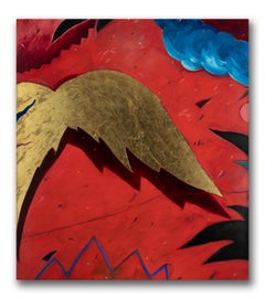 Marianne Stikas [Wings] 1981 Grande peinture abstraite signée avec feuilles d'or