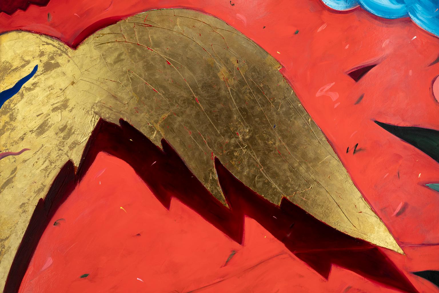 Marianne Stikas [Wings] 1981 Large-Scale Signed Abstract Painting with Gold Leaf For Sale 2