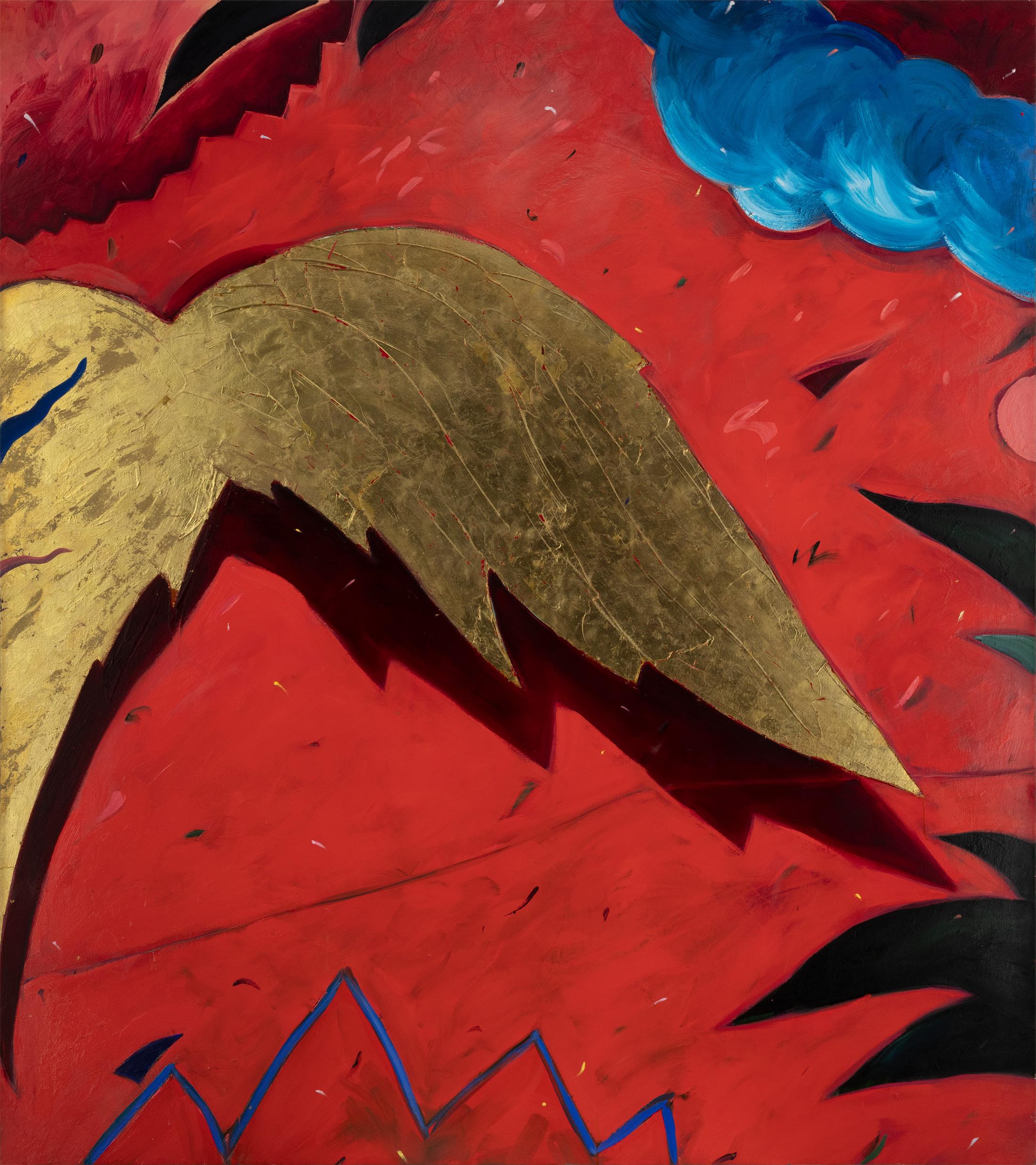 MARIANNE STIKAS – [WINGS]
⚜ Oil on Canvas with Gold Leaf ⚜ Hand Signed and Dated Verso (twice) ⚜ Frameless Display

MONUMENTAL GOLD LEAF WINGS
Painted in 1981, Marianne Stikas’ [Wings] is a commanding large-scale canvas that juxtaposes radiant gold