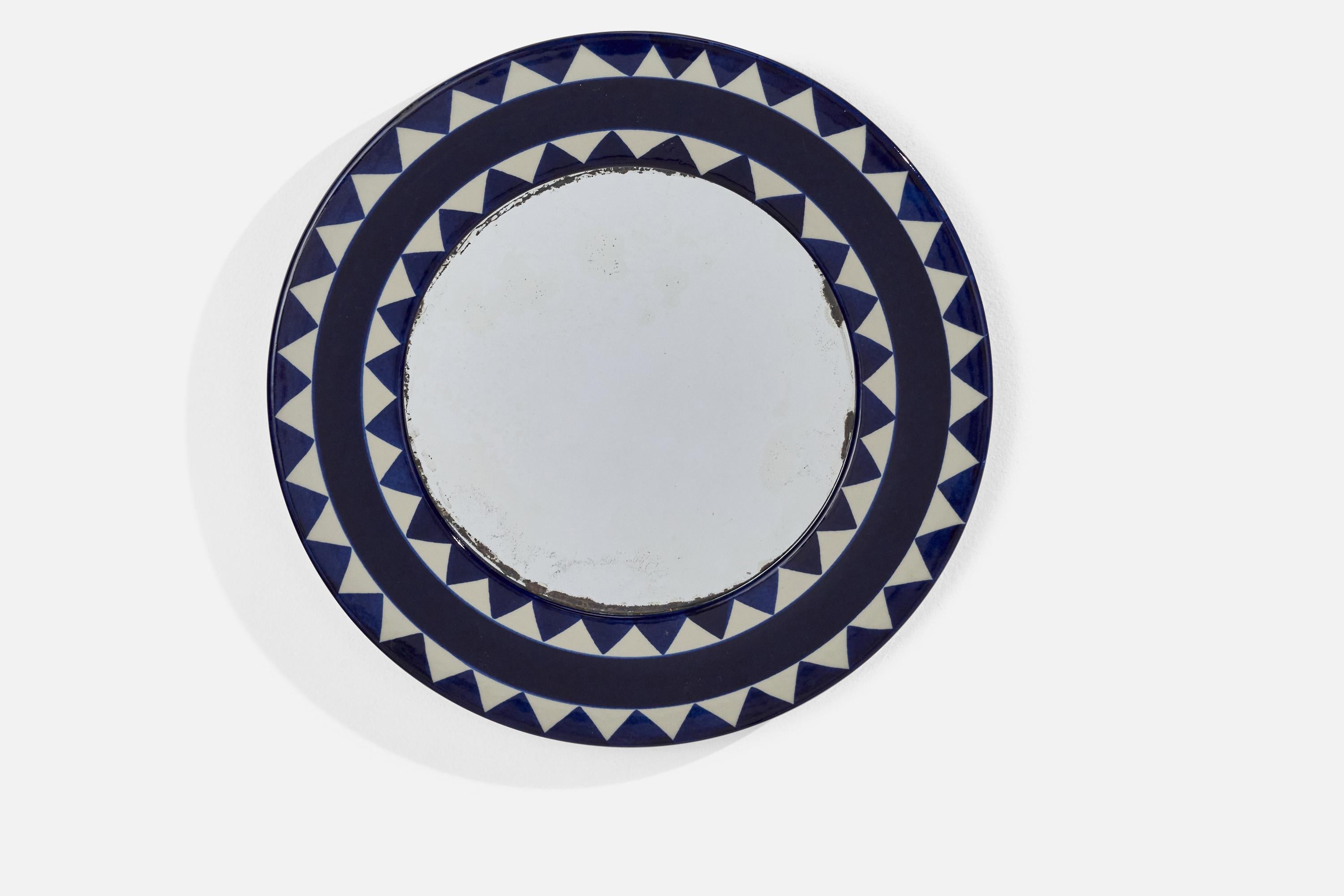 A blue and grey-painted stoneware mirror designed by Marianne Westman and produced by Rörstrand, Sweden, 1960s.