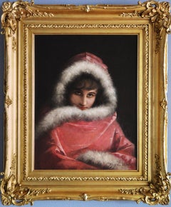 19th Century oil painting portrait of a young woman in a cloak