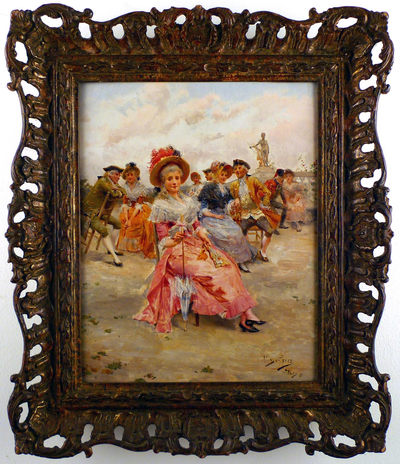 Mariano Alonso Pérez Figurative Painting – ""Elegant Figures Seated in a Park"" Öl auf Tafel von M. Alonso Prez, 19. Jahrhundert