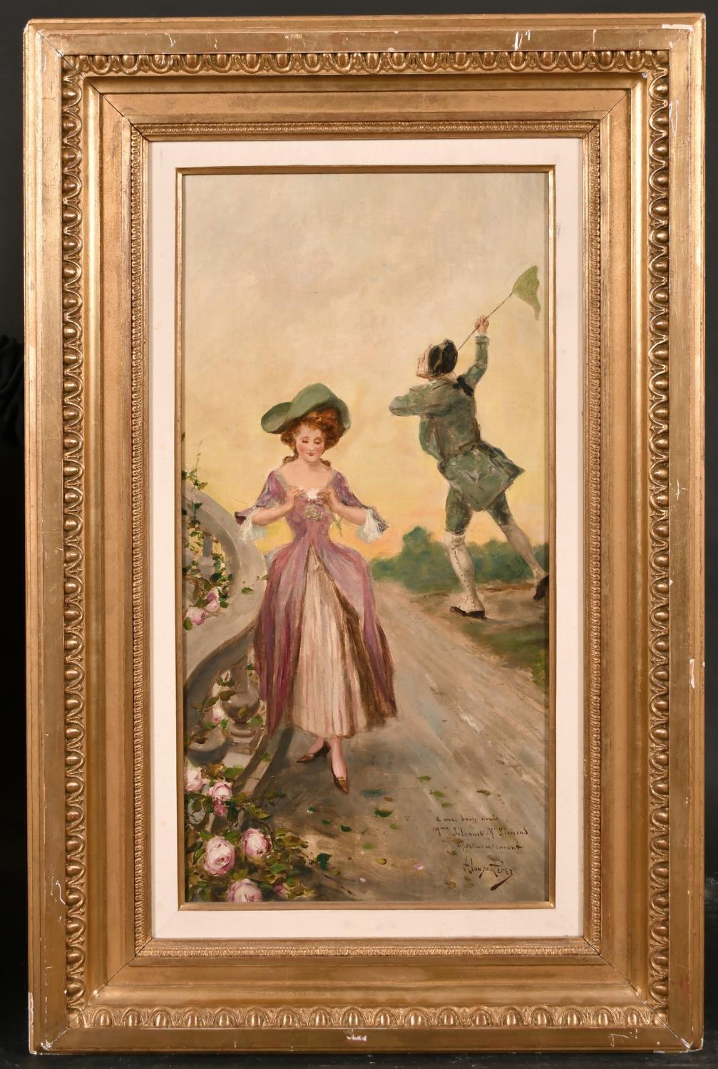 Antique Signed Oil - Elegant Courtship Figures Chasing a Butterfly with Net - Painting by Mariano Alonzo-Perez (1857-1930)