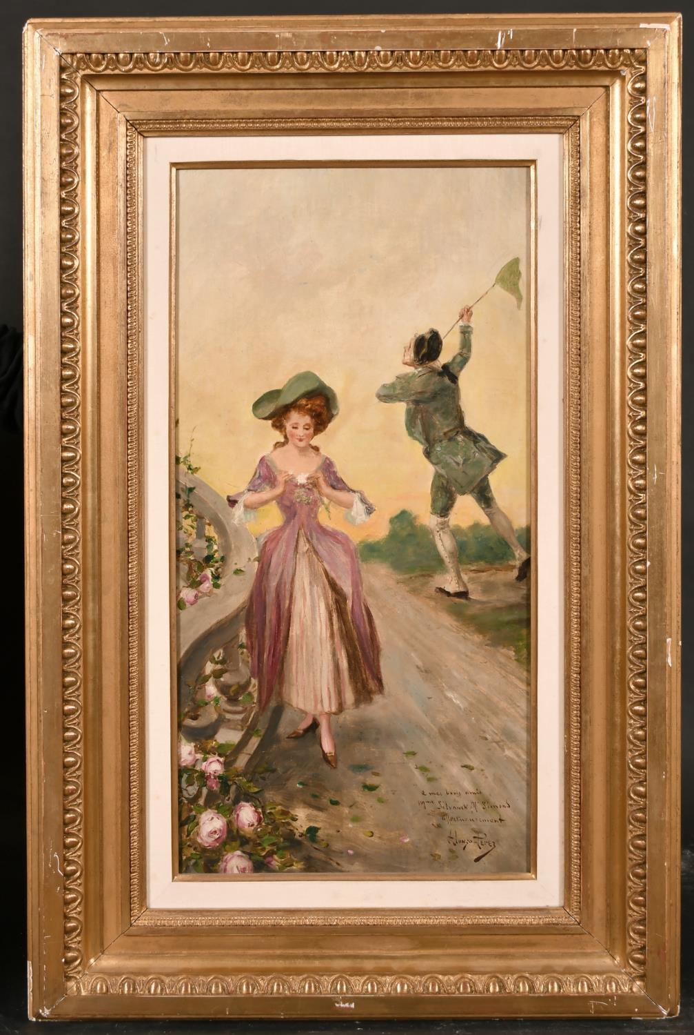 Ancienne huile signée - Élégants personnages de cour courroyant un papillon avec filet - Painting de Mariano Alonzo-Perez (1857-1930)