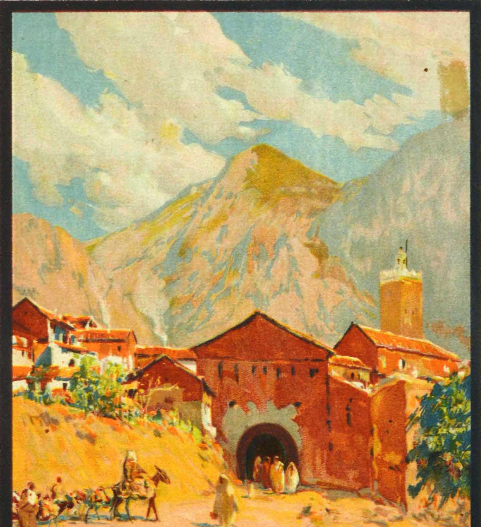 Cartel de viaje original de época de Chauen Marruecos Protectorado Español / Chauen Morocco Spanish Protectorate situado en las montañas del Rif, en el noroeste de Marruecos (también conocido como Chefchaouen). Obra escénica del pintor Mariano