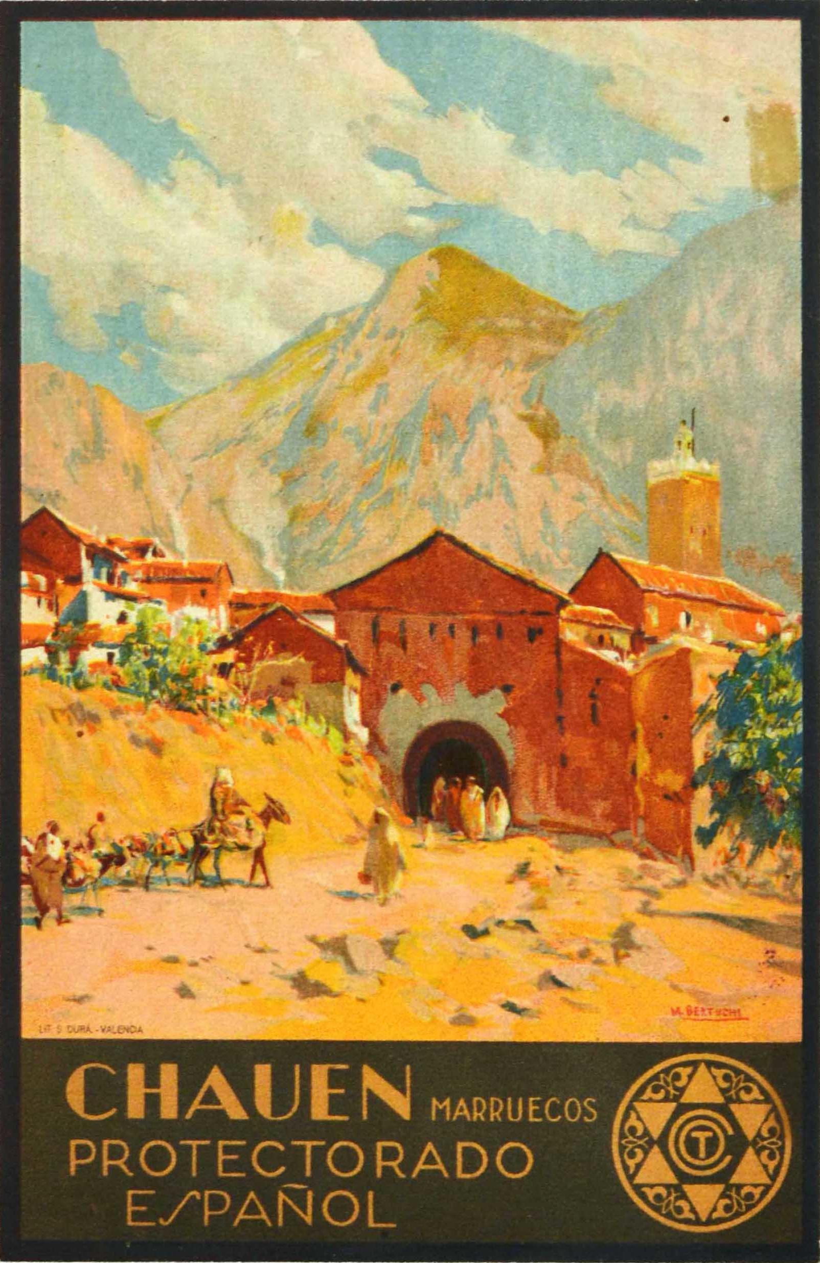 Print de Mariano Bertuchi - Póster de Viaje Vintage Original Chauen Español Marruecos África Rif Montañas Arte