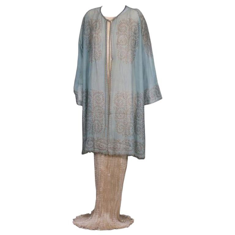 Mariano Fortuny Aquamarine Gauze Stencilled  Coat For Sale