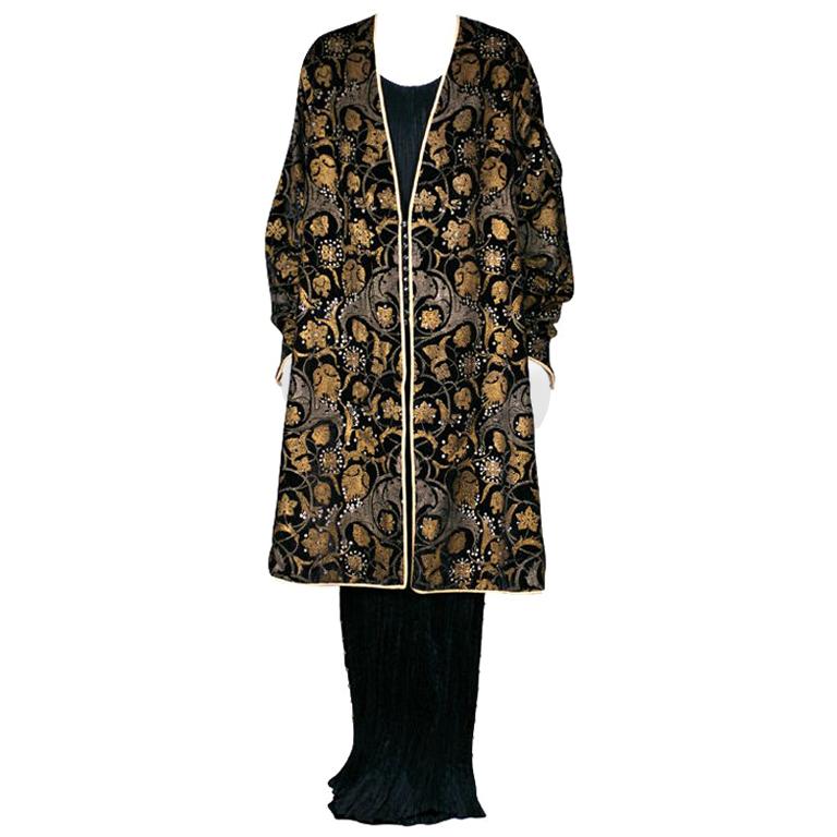 Mariano Fortuny Black Stencilled Velvet Persian Style Coat For Sale