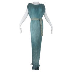 Mariano Fortuny Blue Pleated Delphos Silk Dress w/ Stenciled Belt