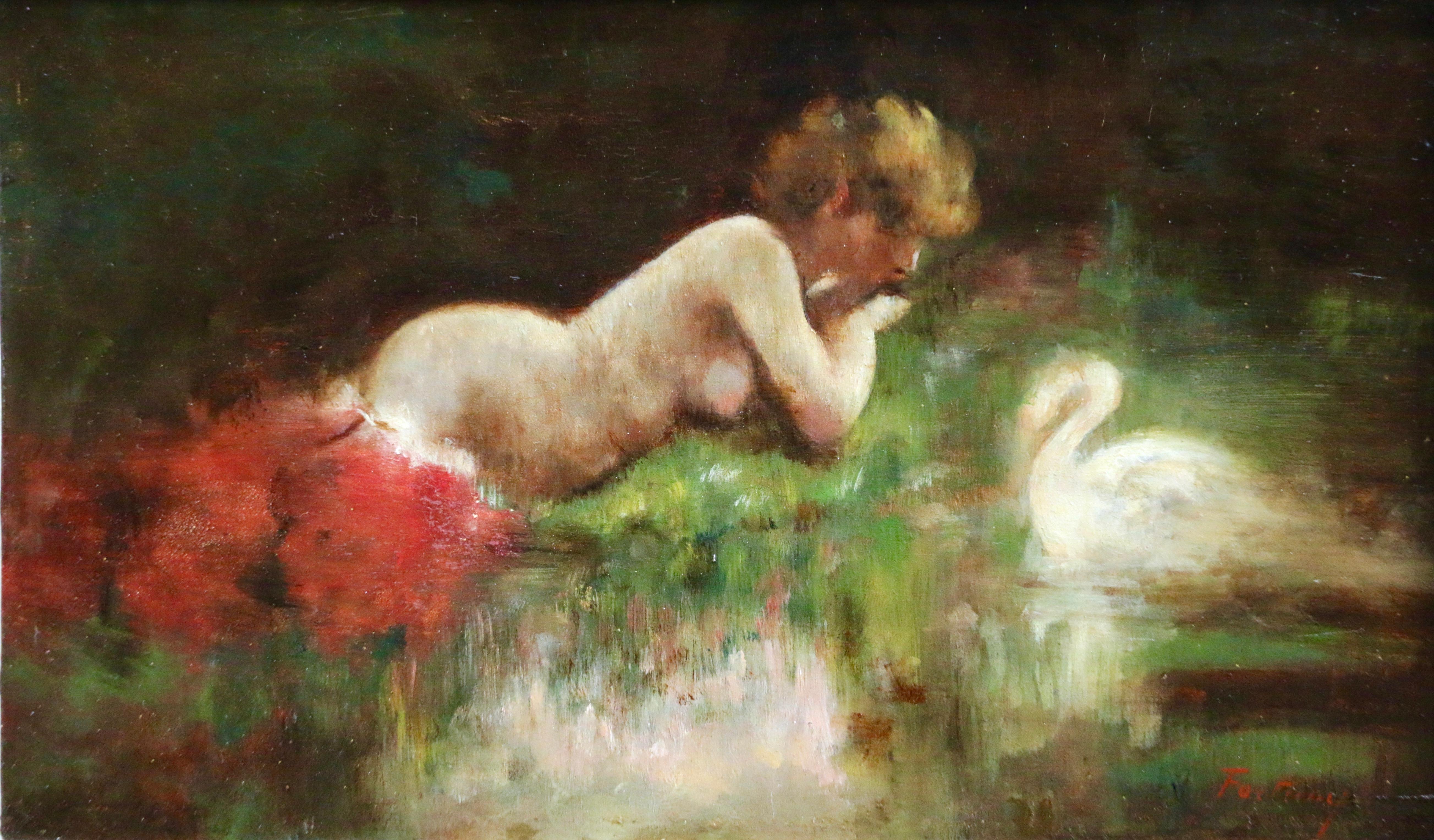 Mariano Fortuny Y Marsal Nude Painting - Leda and the Swan, Fortuny & Marsal, 19th Century Spanish Romantic Mythological