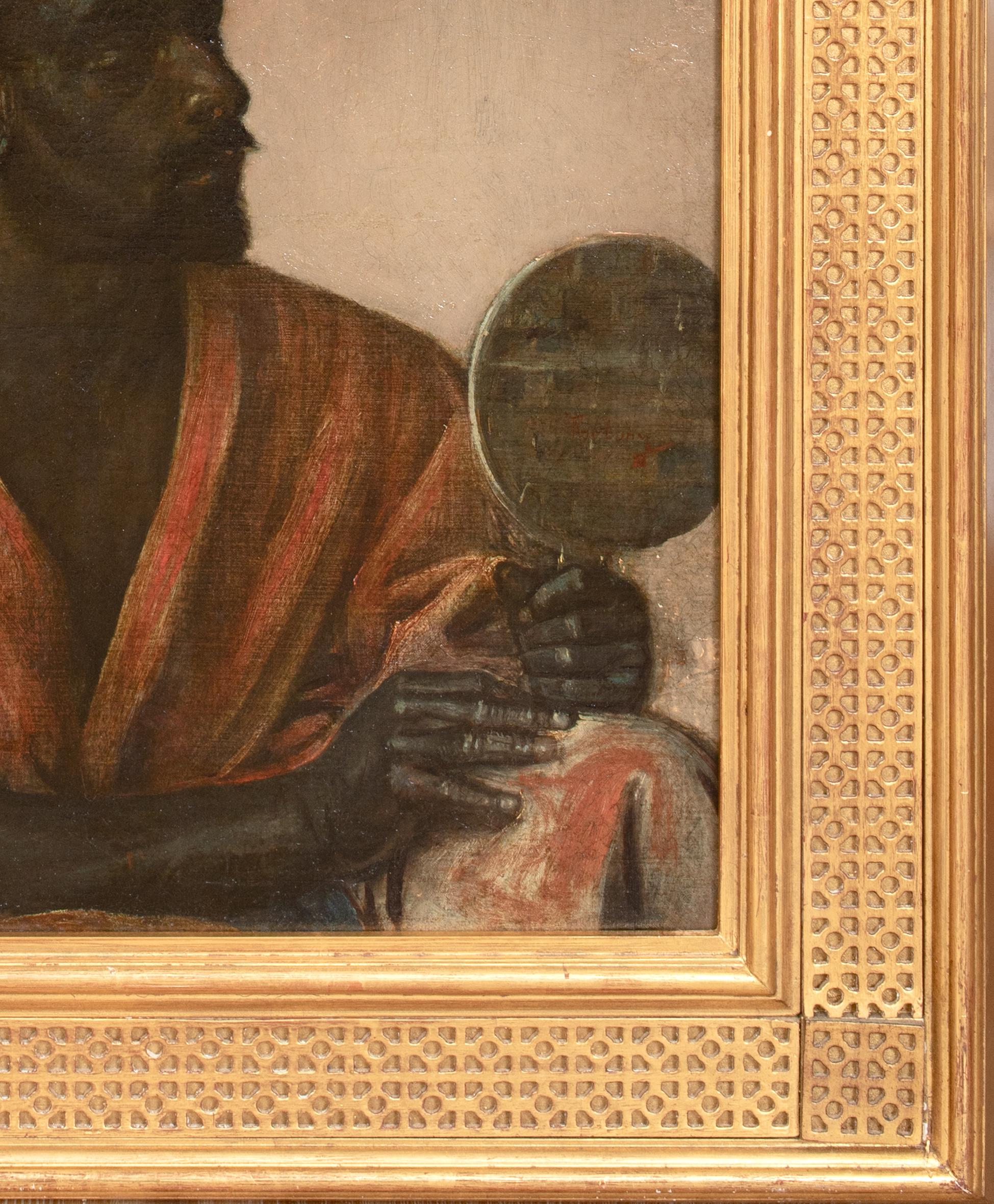 The Moors Reflection, 19th Century

by Mariano Fortuny y Marsal (1838-1874)

Large 19th Century Orientalist portrait of a moor looking at his reflection, oil on canvas by Mariano Fortuny Y Marsal. Excellent quality and condition depiction of a Moor