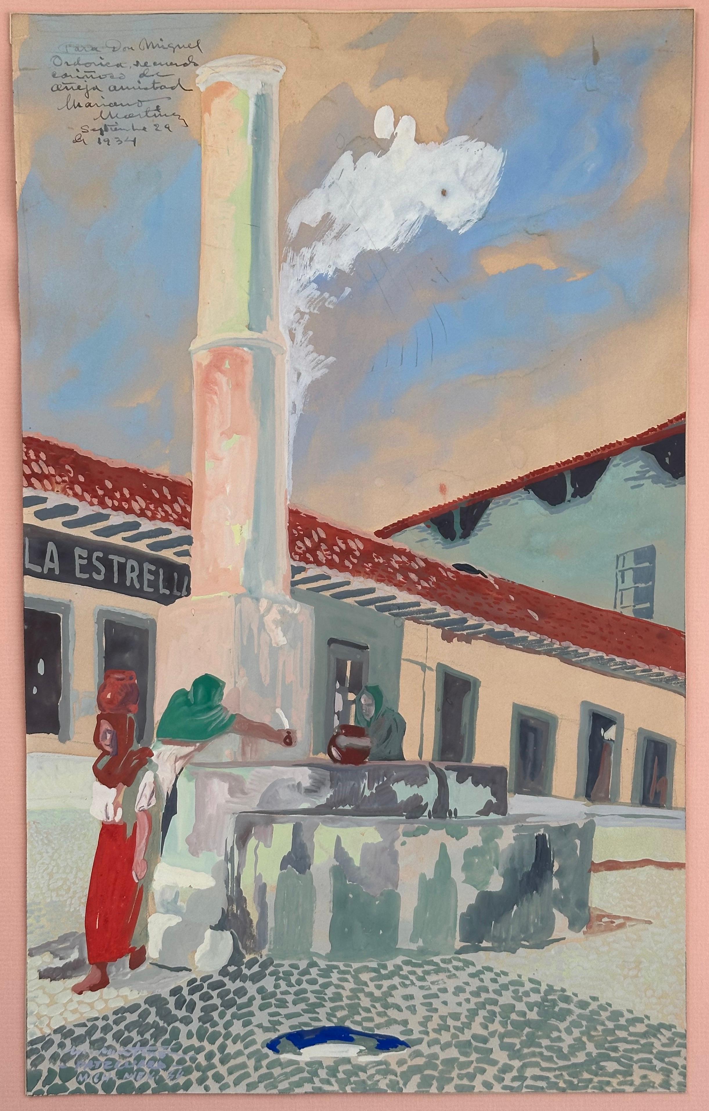 Mariano Martinez Figurative Painting – Frau an einem Brunnen in Patzcuaro Mexiko (Pila de el Torito)