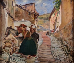 Spanish woman loading her donkey in the town street