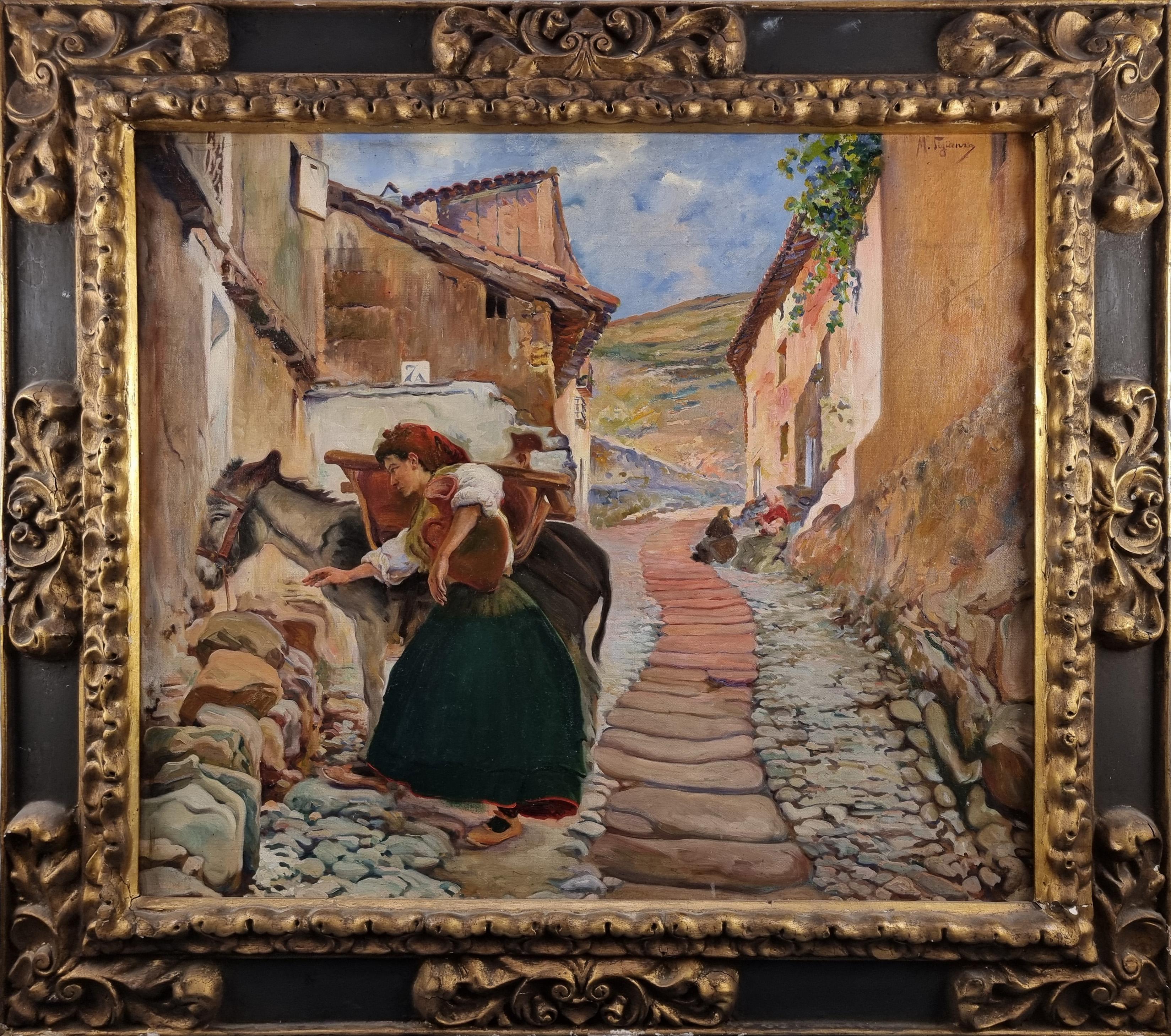 Mariano Sigüenza y Ortiz Landscape Painting - Spanish woman loading her donkey in the town street