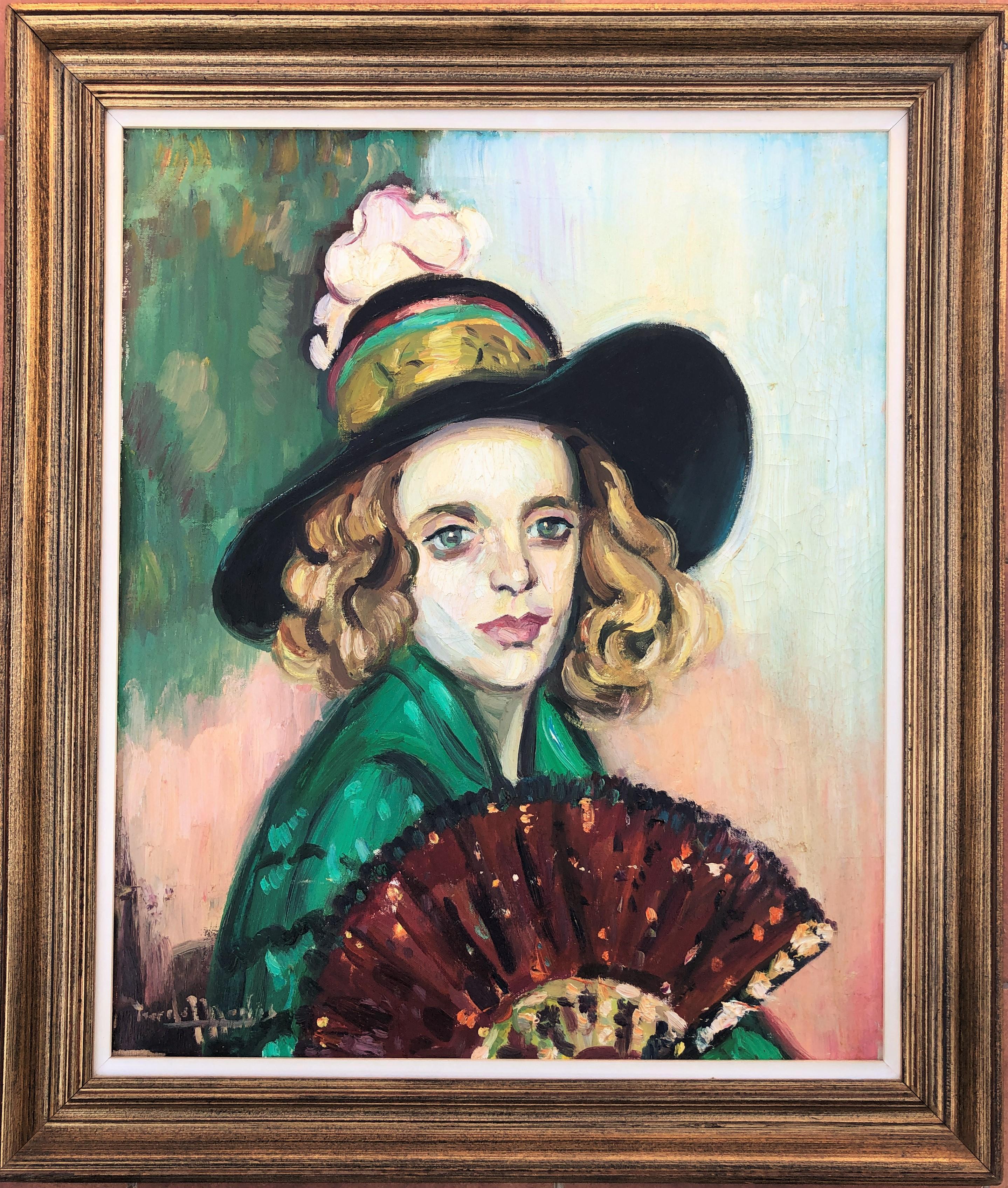 Woman with fan oil on canvas painting portrait - Painting by Mariano Tur de Montis