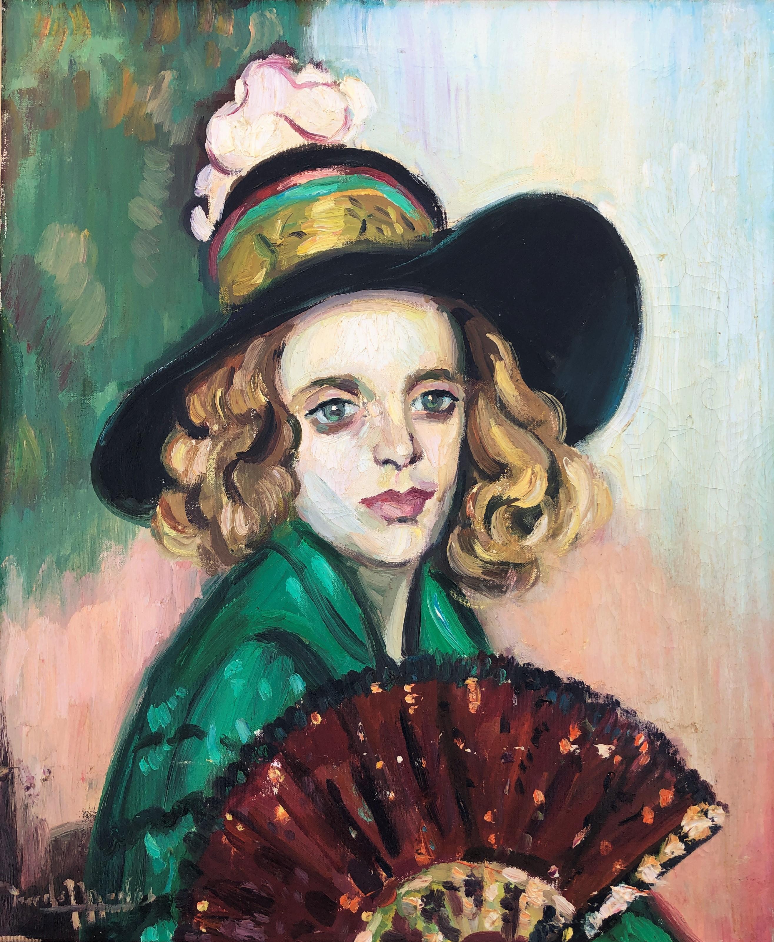 Mariano Tur de Montis Portrait Painting - Woman with fan oil on canvas painting portrait