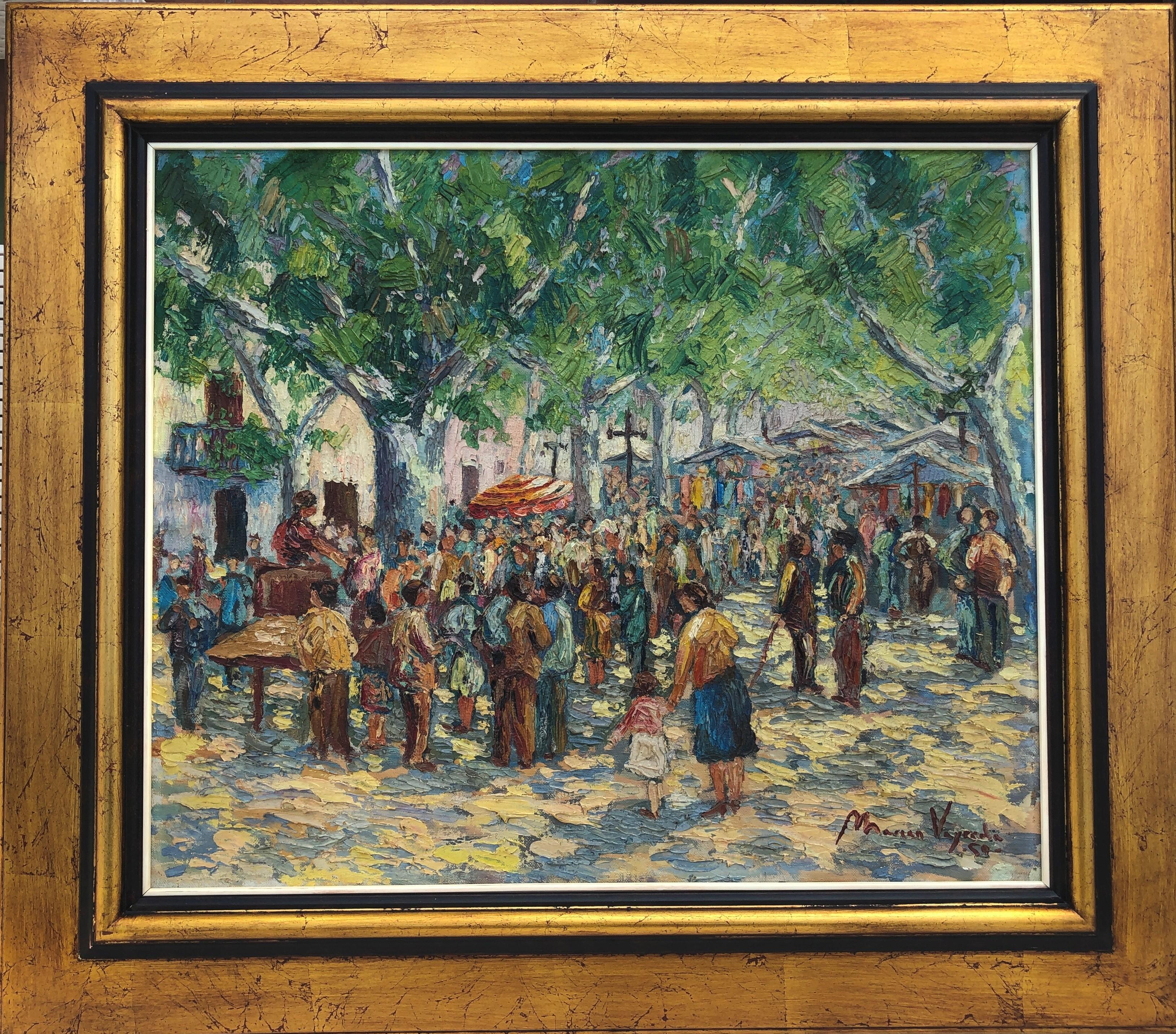 market day in spain oil on canvas painting - Painting by Mariano Vayreda Canadell