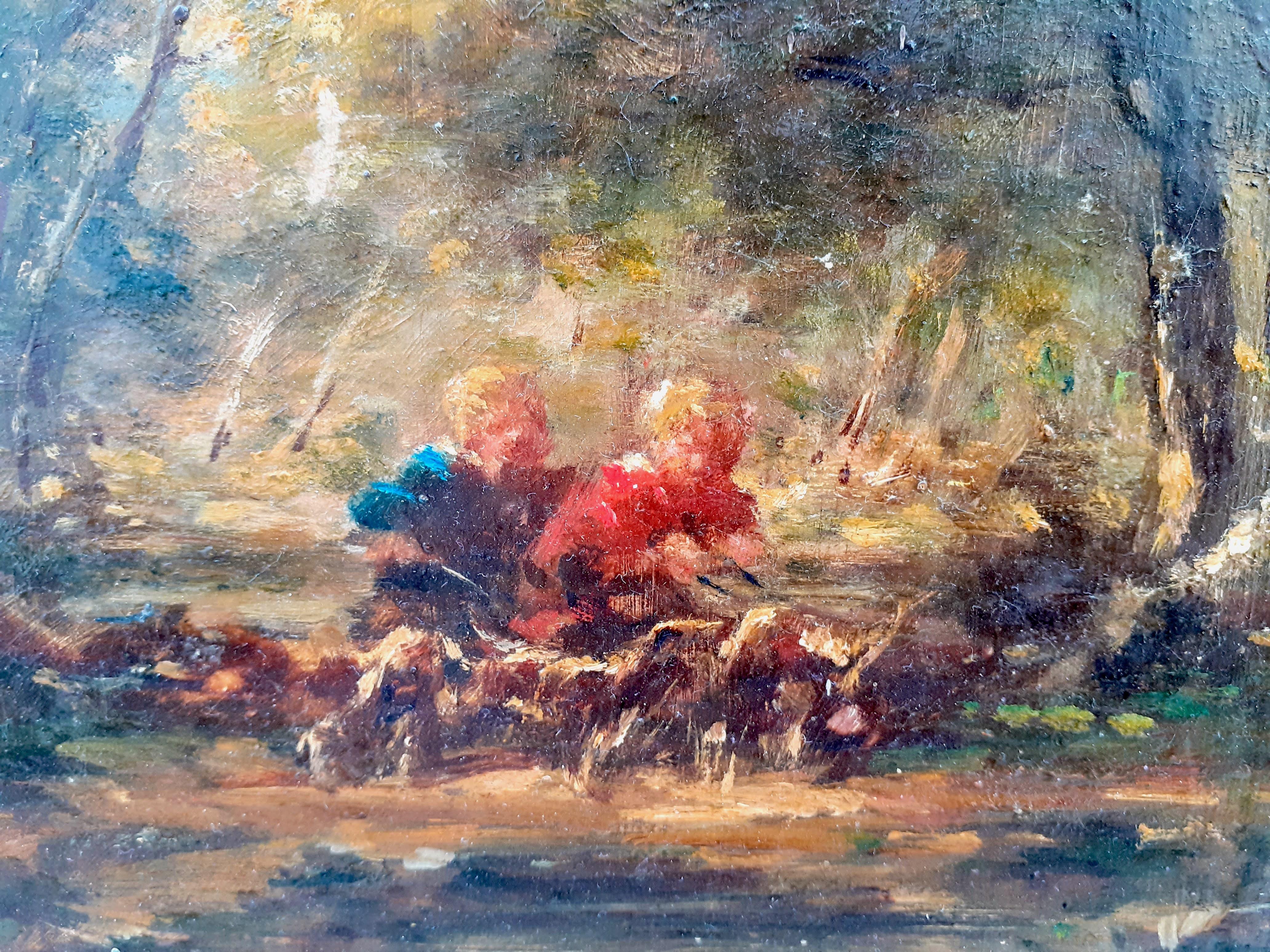 French Barbizon landscape with Children 19th Century oil painting - Painting by Marie Abraham Rosalbin de Buncey