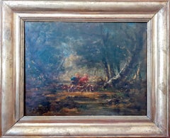 French Barbizon landscape with Children 19th Century oil painting