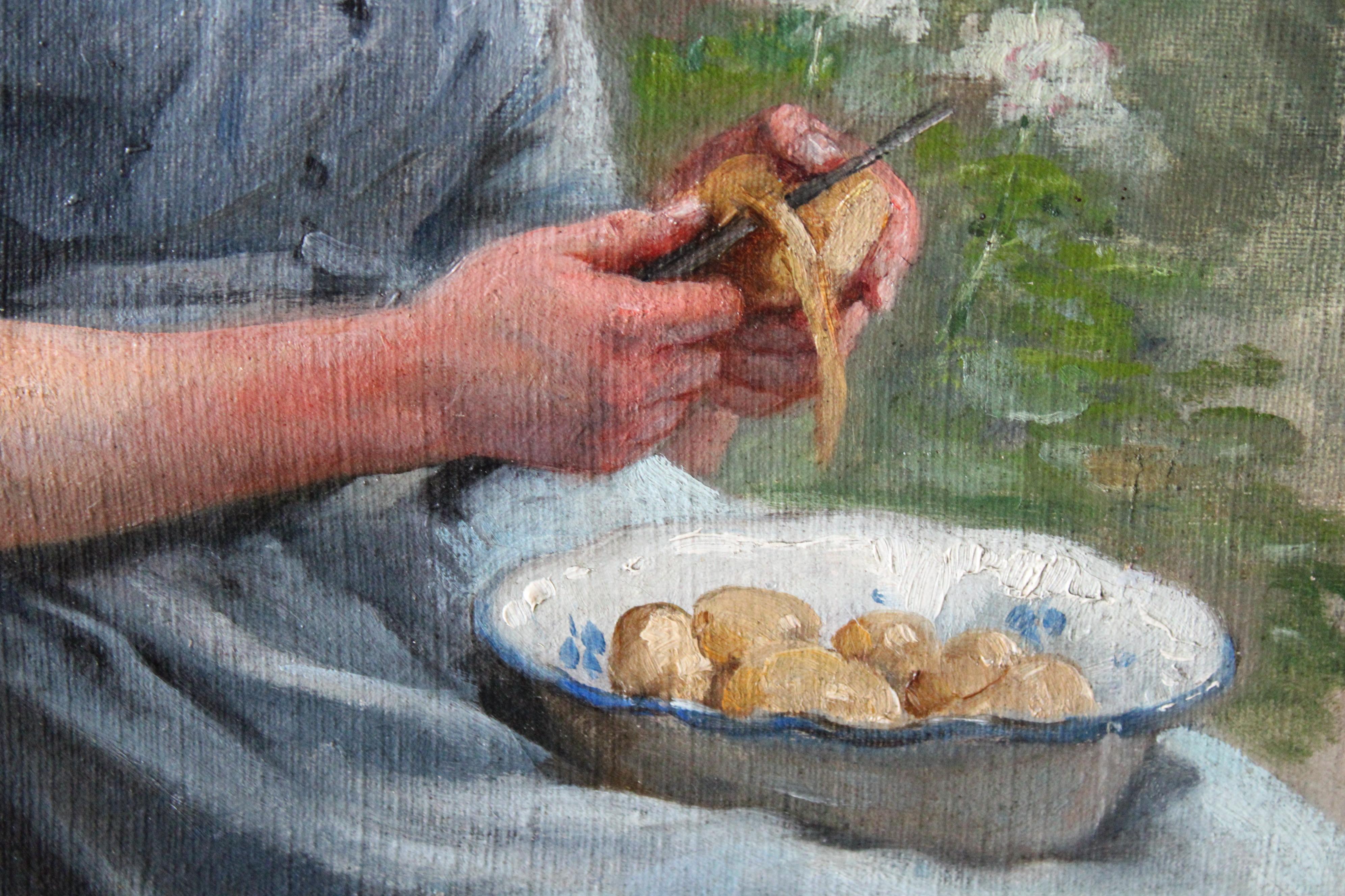 Retrato antiguo de una mujer pelando patatas, pintura figurativa francesa 5