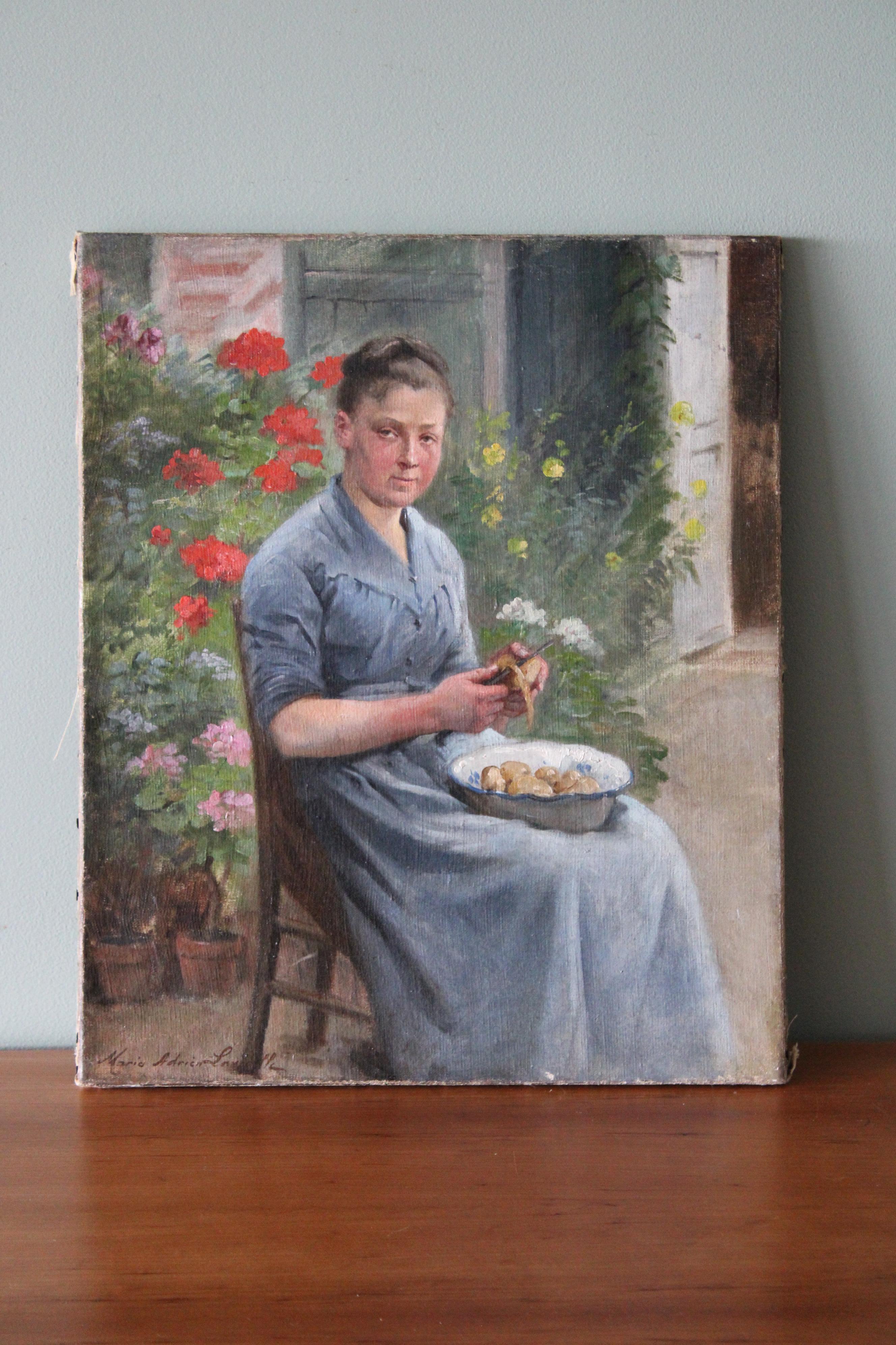 Retrato antiguo de una mujer pelando patatas, pintura figurativa francesa - Painting de Marie Adrien Lavieille
