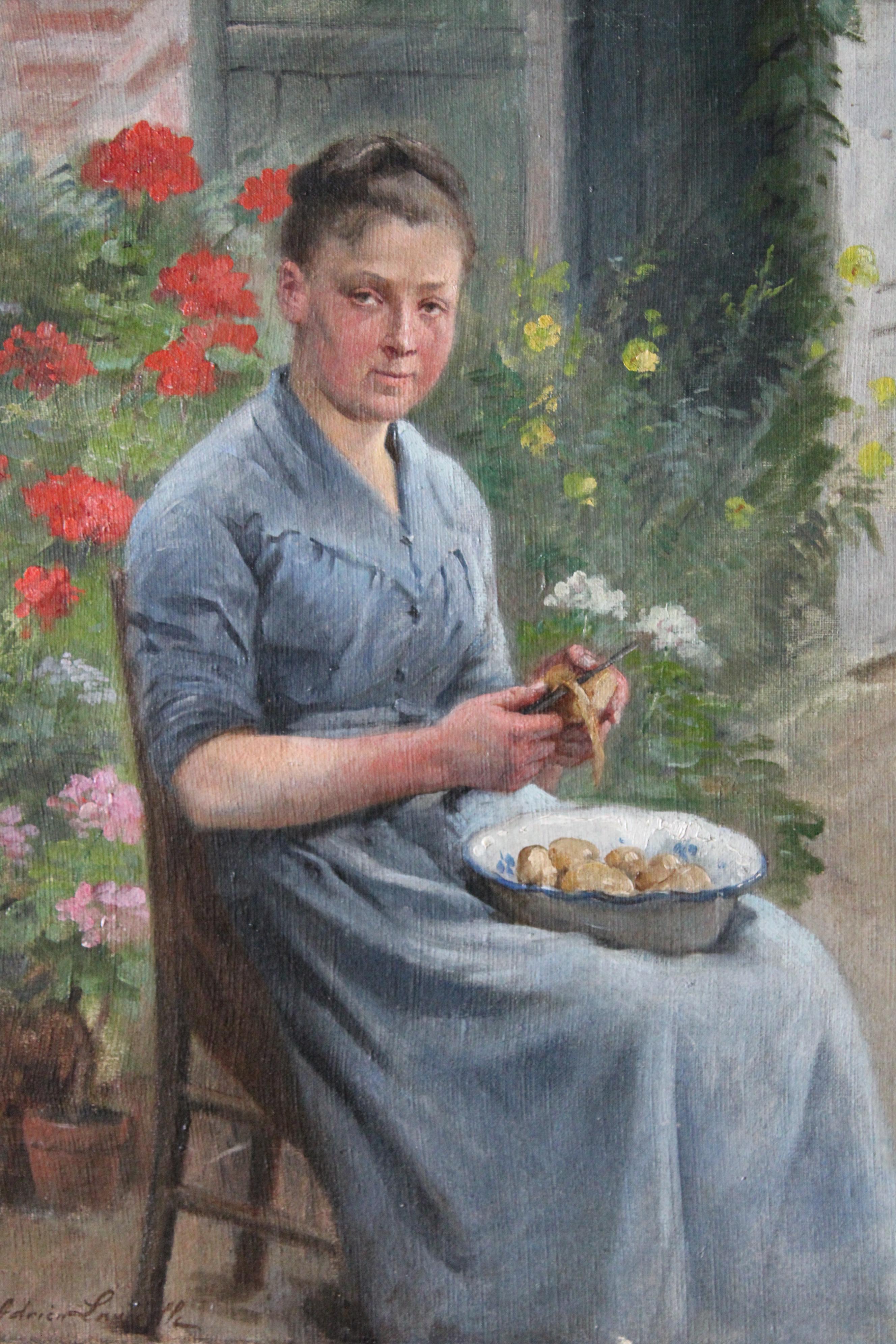 Retrato antiguo de una mujer pelando patatas, pintura figurativa francesa - Painting Escuela francesa de Marie Adrien Lavieille