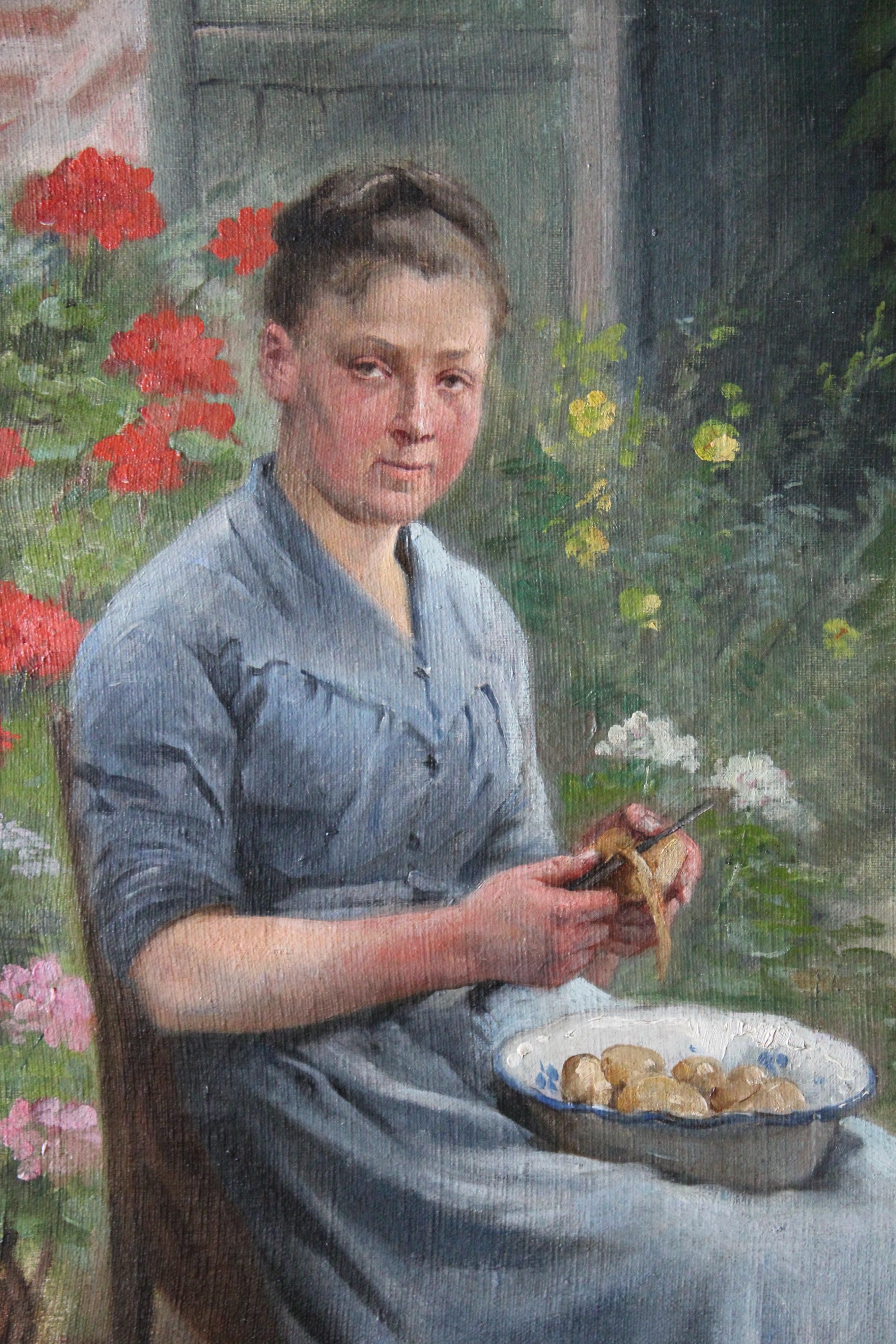 Antique, late 1800's oil portrait of a woman peeling potatoes by French artist, Marie Petit/Marie Adrien Lavieille (1852-1911).  This is a wonderful old painting by an accomplished female artist from the late 1800's.  A woman sits, peeling potatoes,