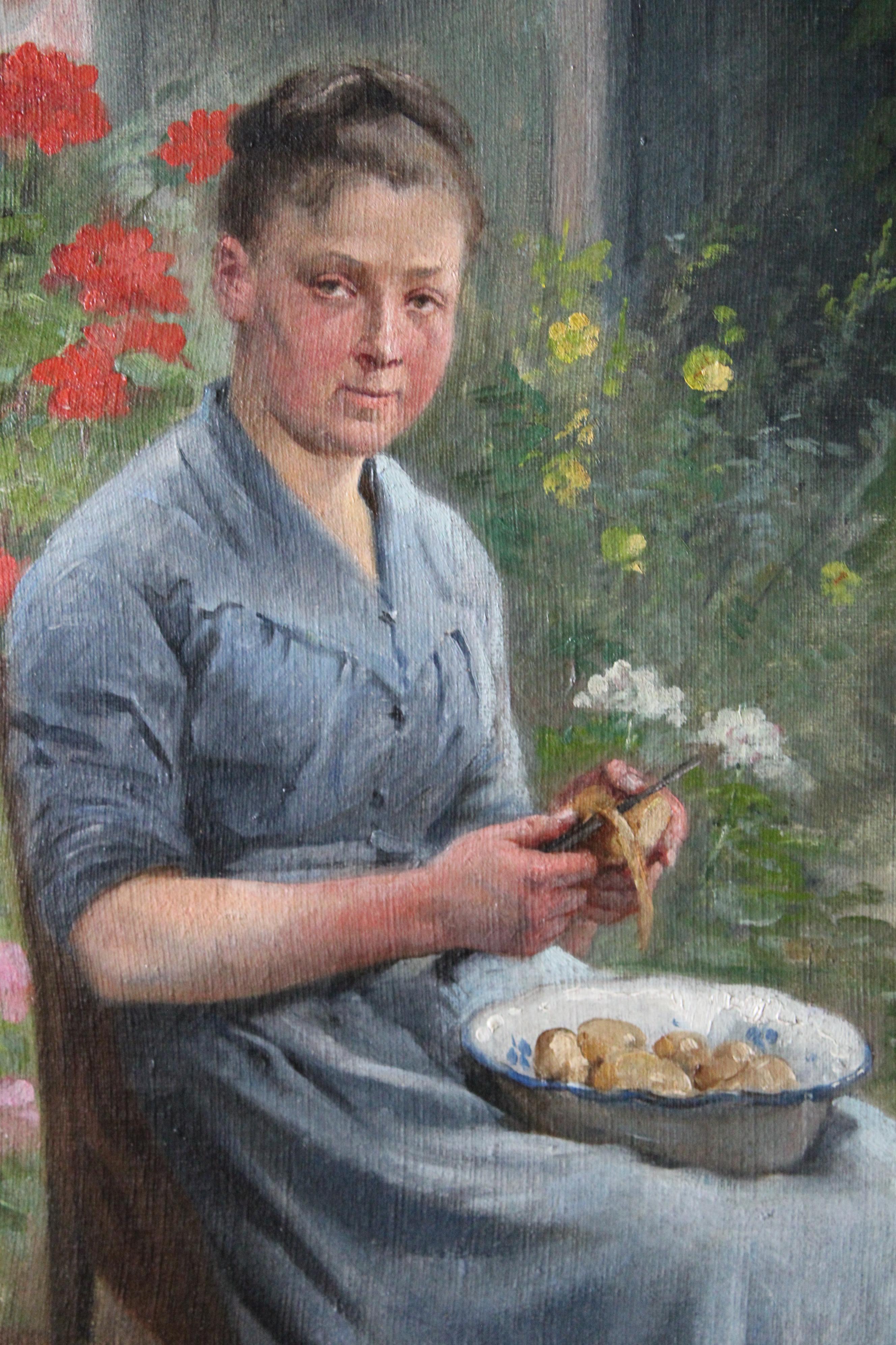 Antiguo retrato al óleo de finales del siglo XIX de una mujer pelando patatas, obra de la artista francesa Marie Petit/Marie Adrien Lavieille (1852-1911).  Se trata de un maravilloso cuadro antiguo pintado por una consumada artista de finales del