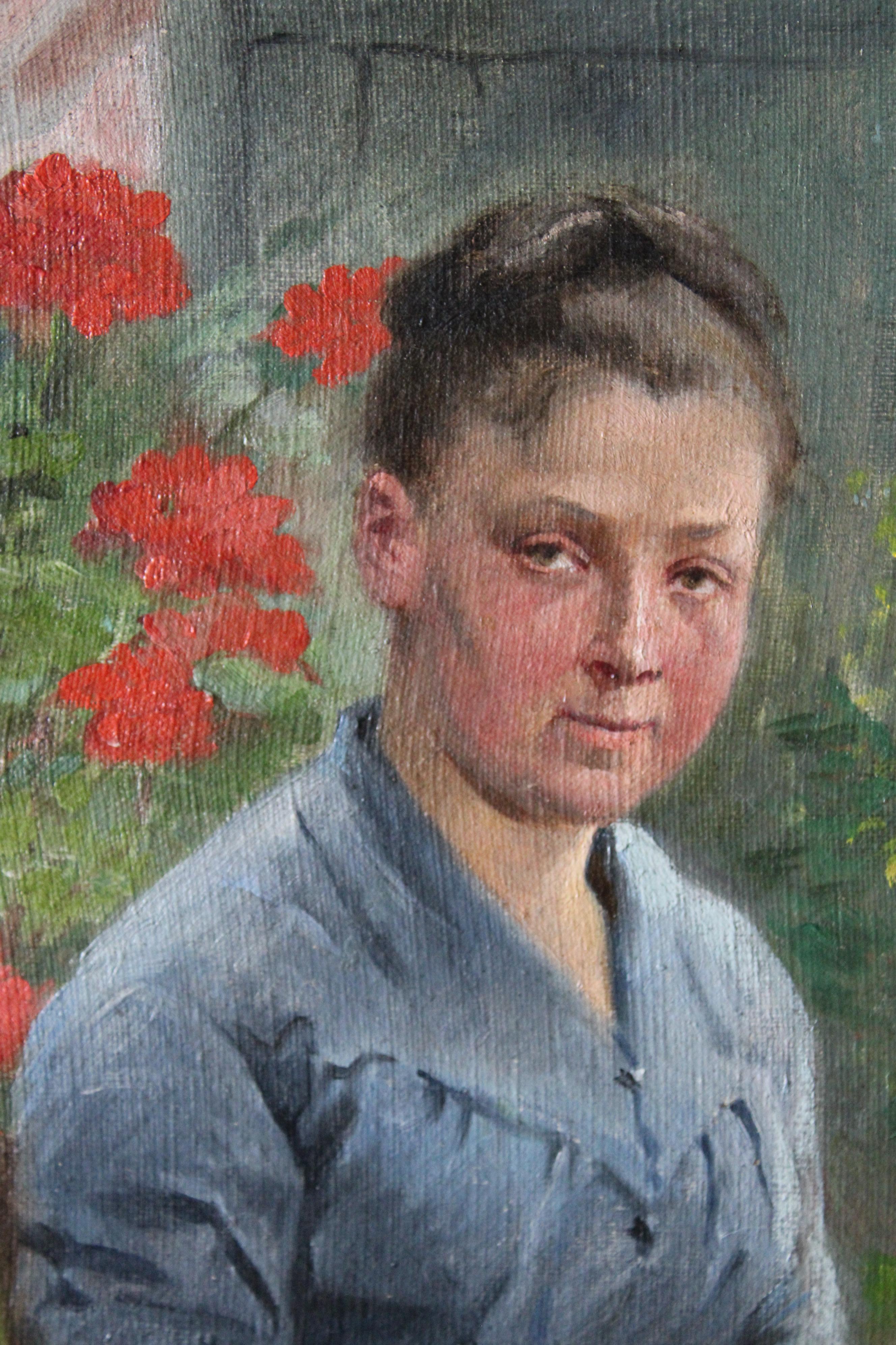 Retrato antiguo de una mujer pelando patatas, pintura figurativa francesa 1