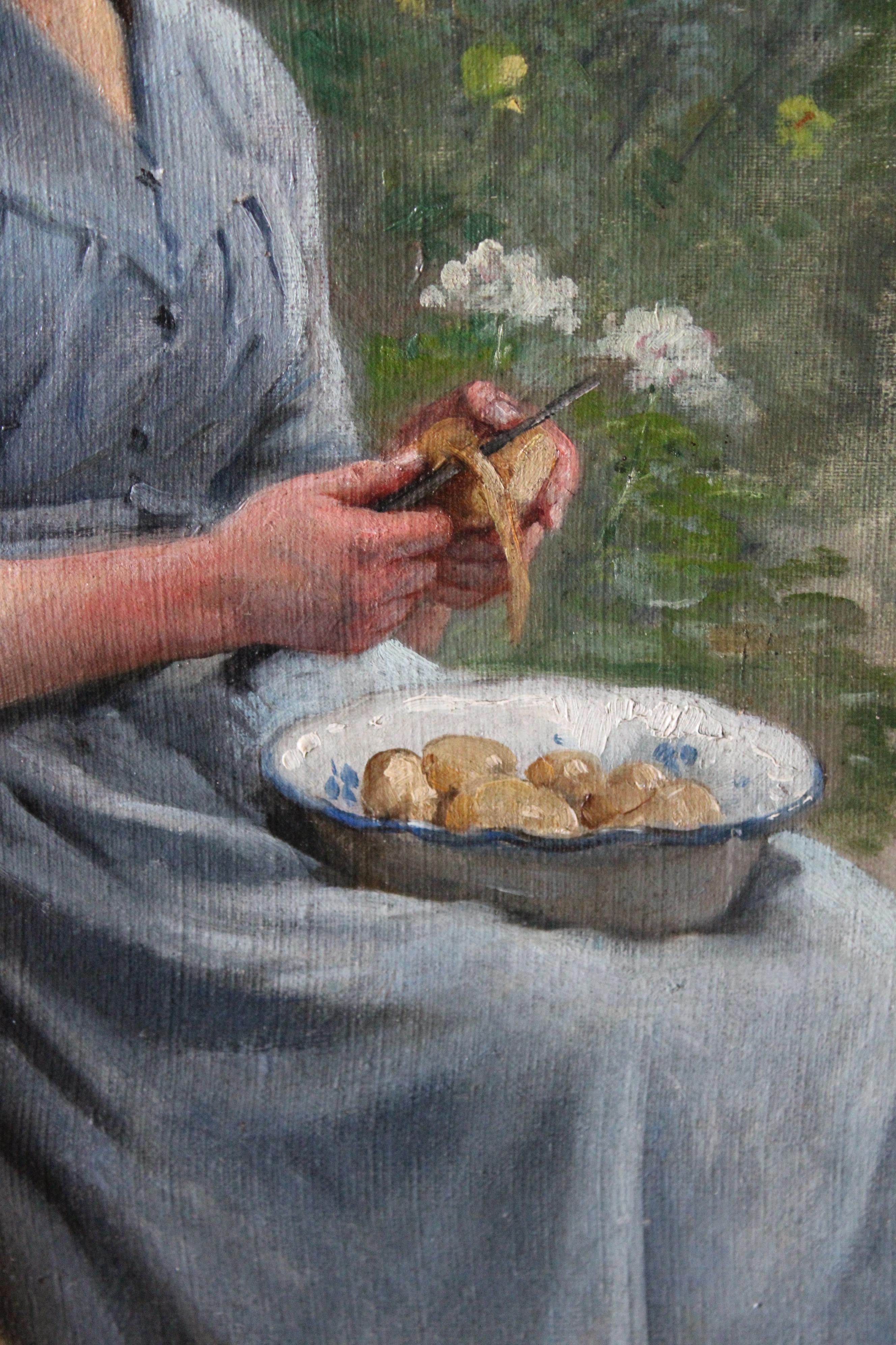 Retrato antiguo de una mujer pelando patatas, pintura figurativa francesa 2