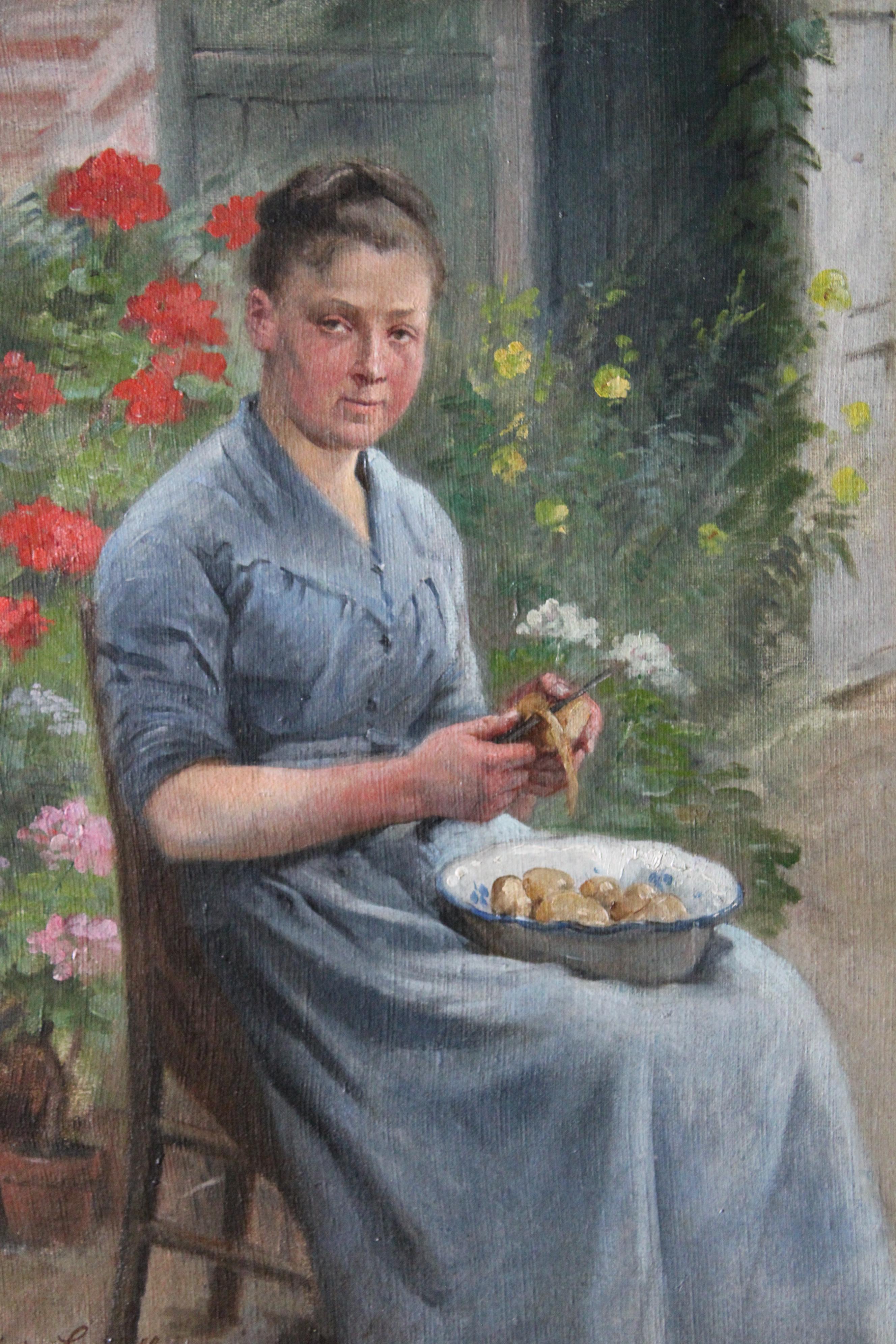Portrait Painting de Marie Adrien Lavieille - Retrato antiguo de una mujer pelando patatas, pintura figurativa francesa