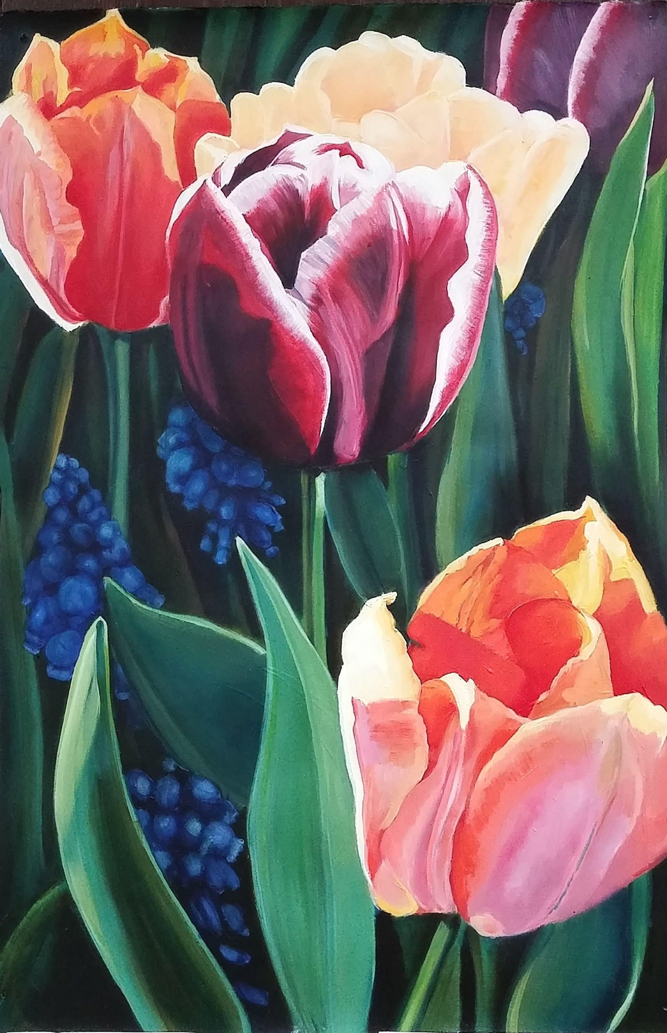 Cinq tulipes, peinture, huile sur papier - Painting de Marie Alsbrooks