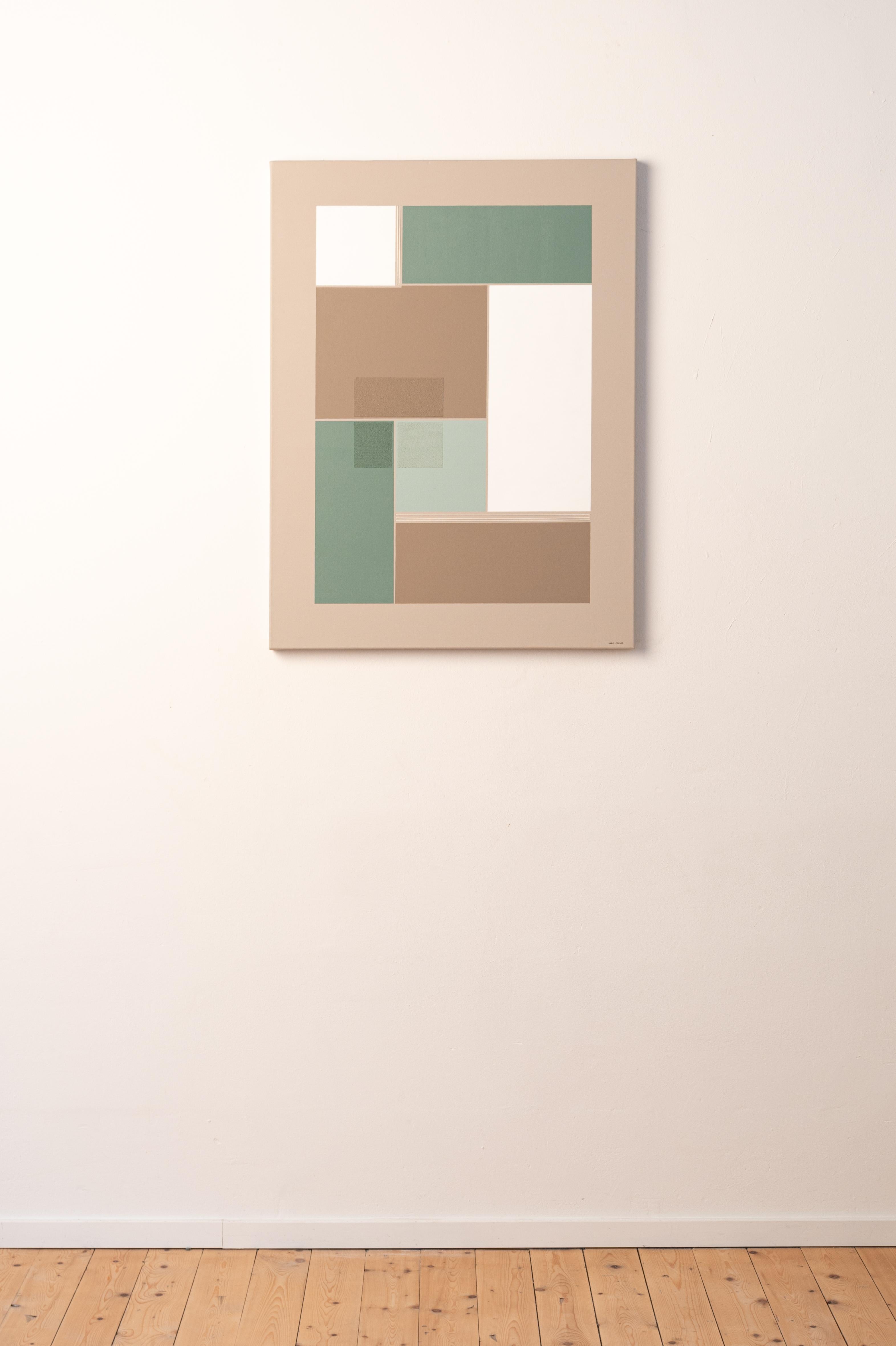 Marie Artistics est une artiste abstraite française, née en 1989, qui vit et travaille dans la campagne lilloise. 

Ce tableau s'appelle Tableau Vert n°3. En plus de peindre des formes géométriques abstraites colorées, elle a également utilisé du