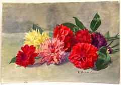 Early 1900's French Impressionist Signed Flower Watercolour by Marie Carreau