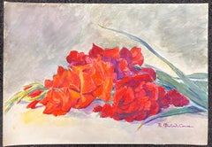 Early 1900's French Impressionist Signed Flower Watercolour by Marie Carreau