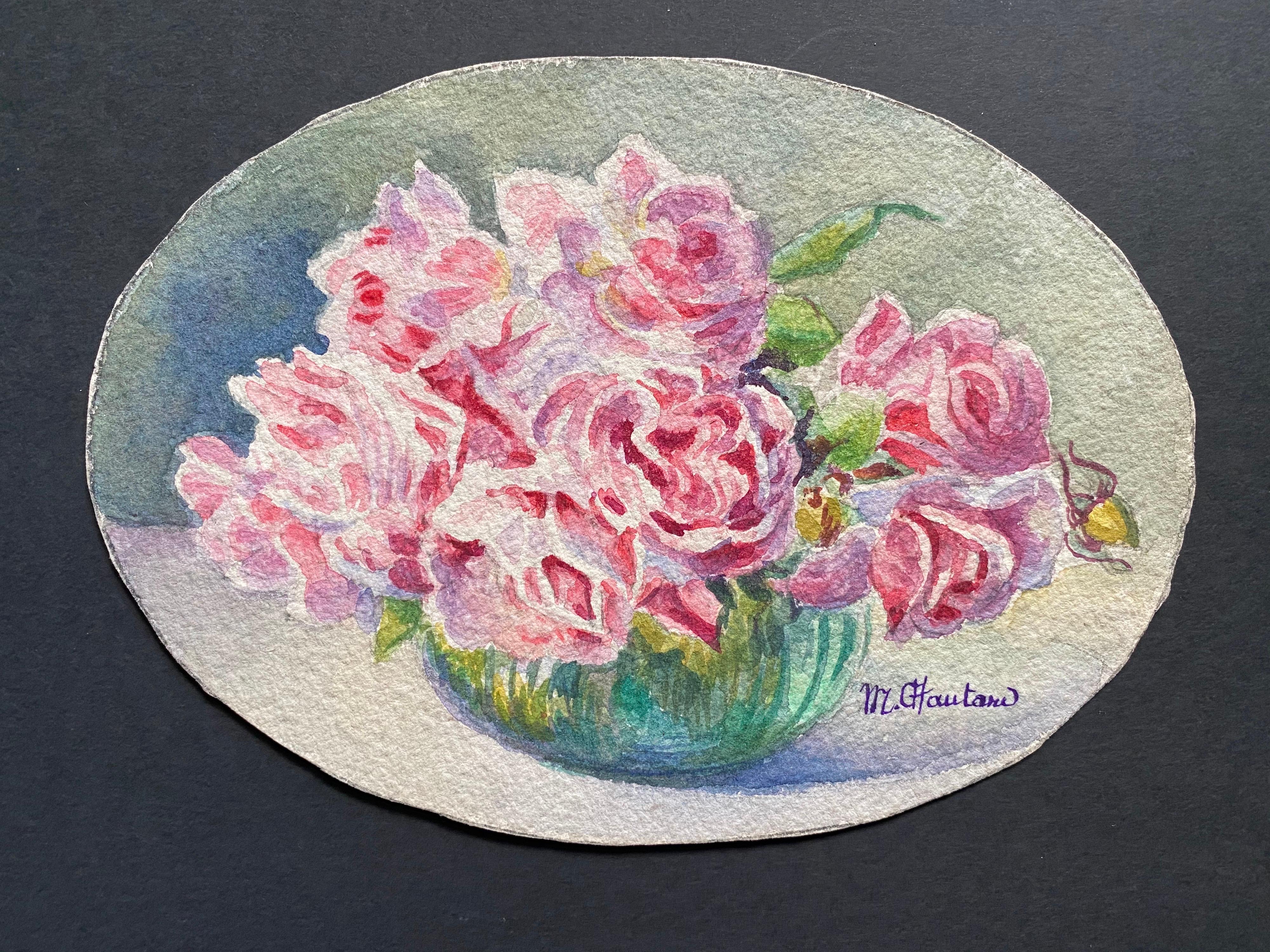 Aquarelle à fleurs signée de Marie Carreau, impressionniste française, début des années 1900