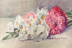 Acuarela de flores impresionista francesa de principios de 1900 firmada por Marie Carreau