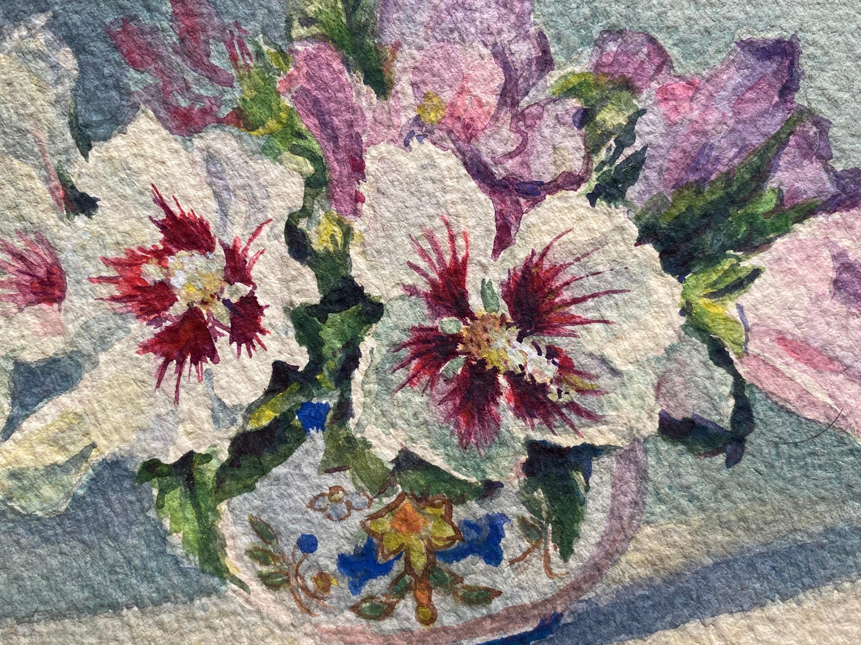 Early 1900's French Impressionist Signed Flower Watercolours  Marie Carreau - Art by Marie-Amelie Chautard-Carreau