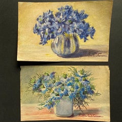 Early 1900's French Impressionist Signed Flower Watercolours Marie Carreau