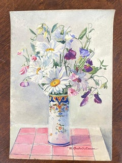 Early 1900's French Signed Flower Watercolours Marie Carreau - Daises In Vase