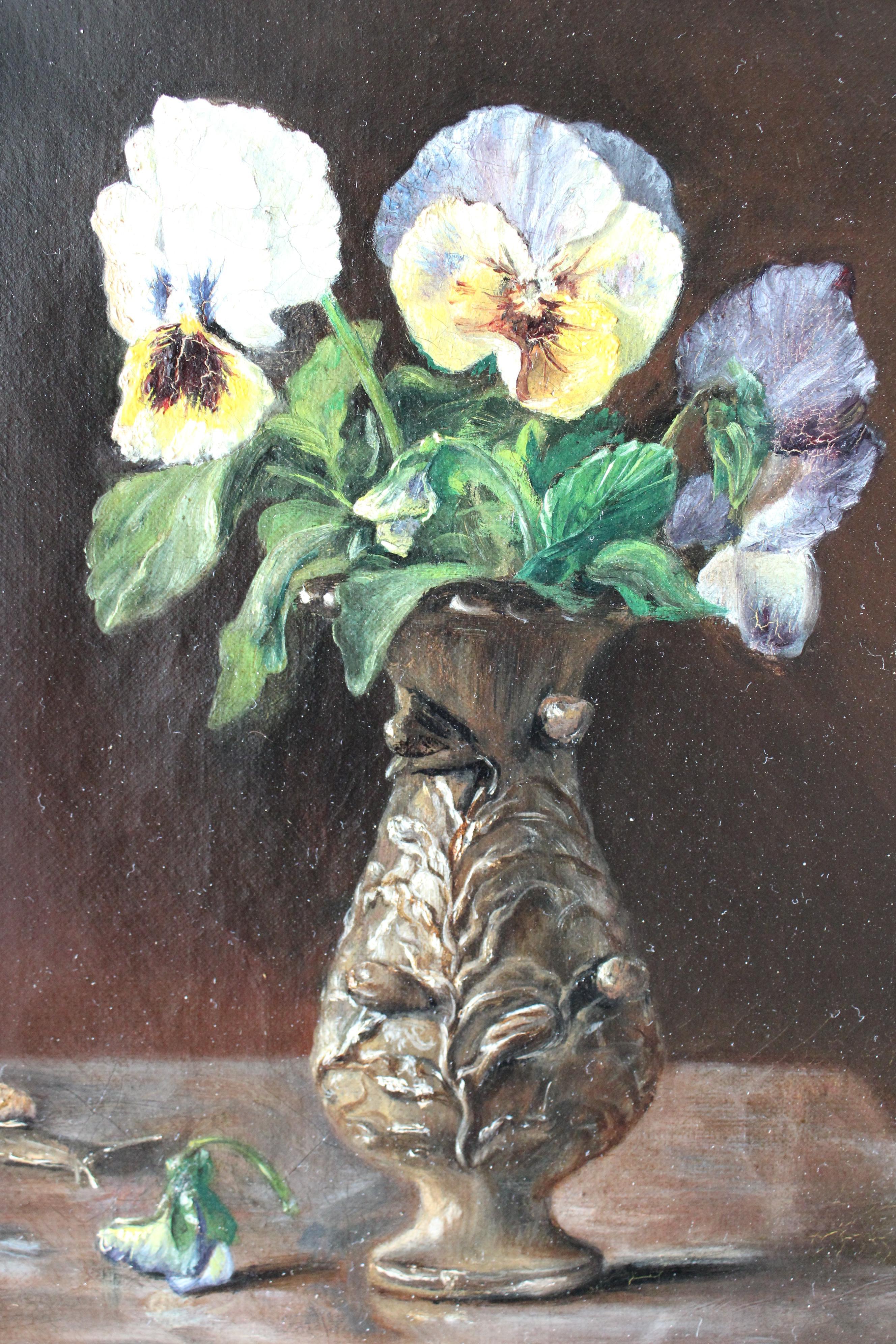 Flower Still Life French Antique still life oil painting of pansies on canvas en vente 2