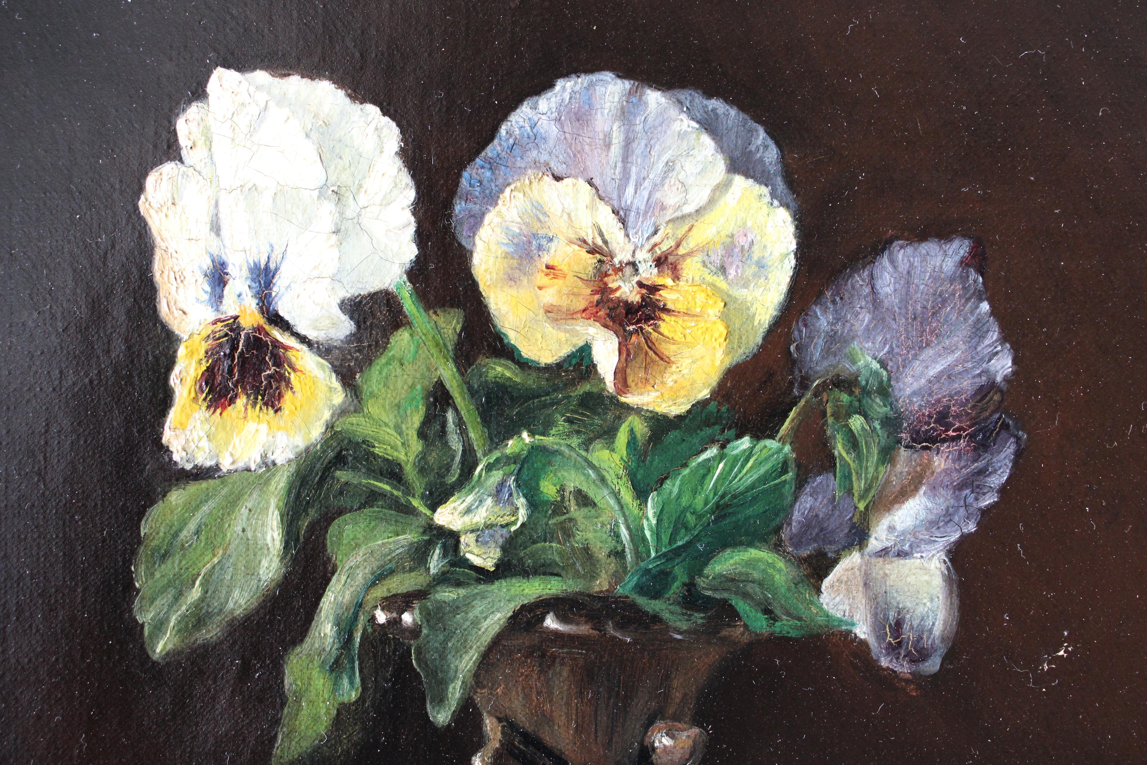 Flower Still Life French Antique still life oil painting of pansies on canvas en vente 4