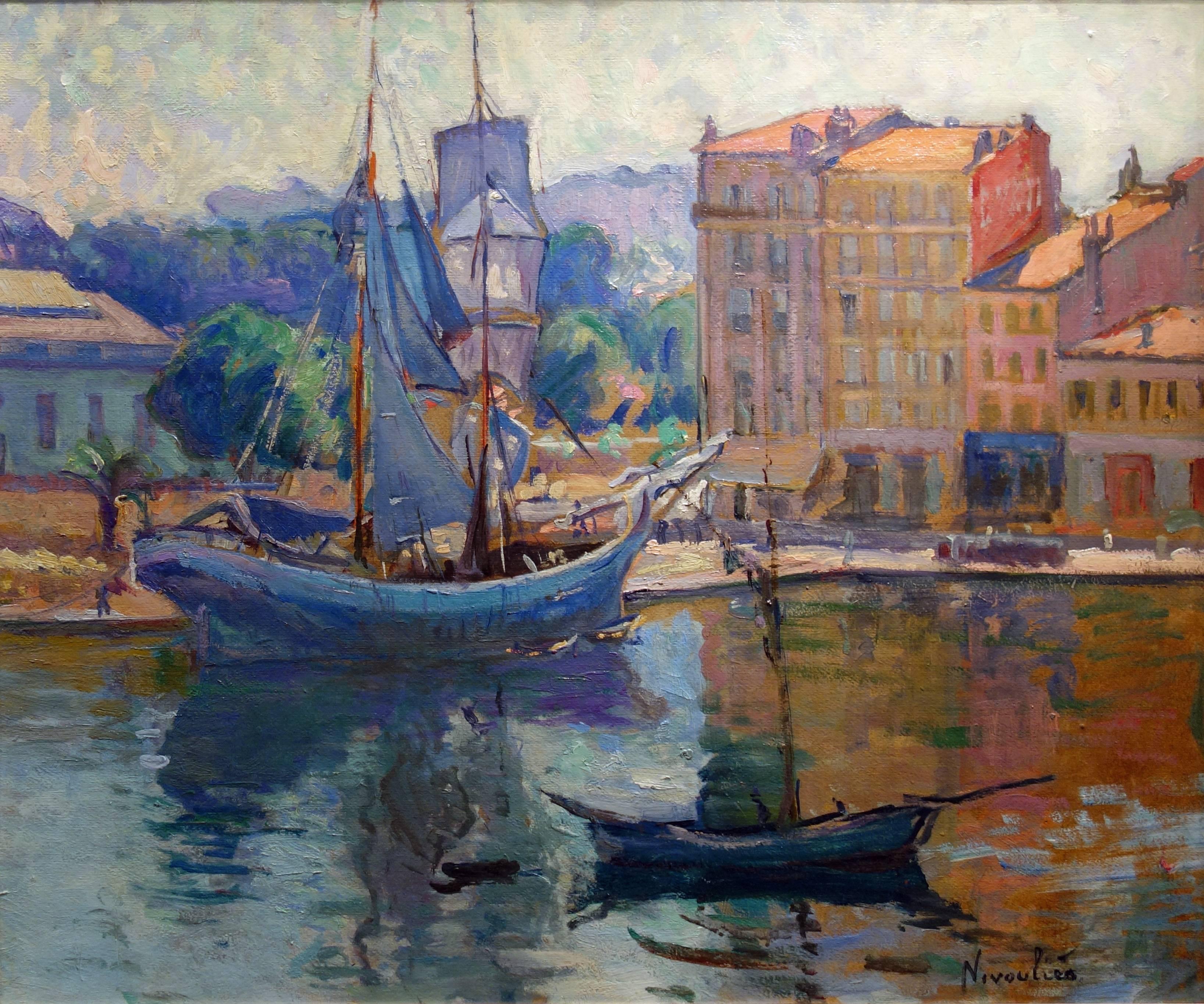 Marie-Anne de Nivoulies Landscape Painting - Sailing boat in the Port of Honfleur in France