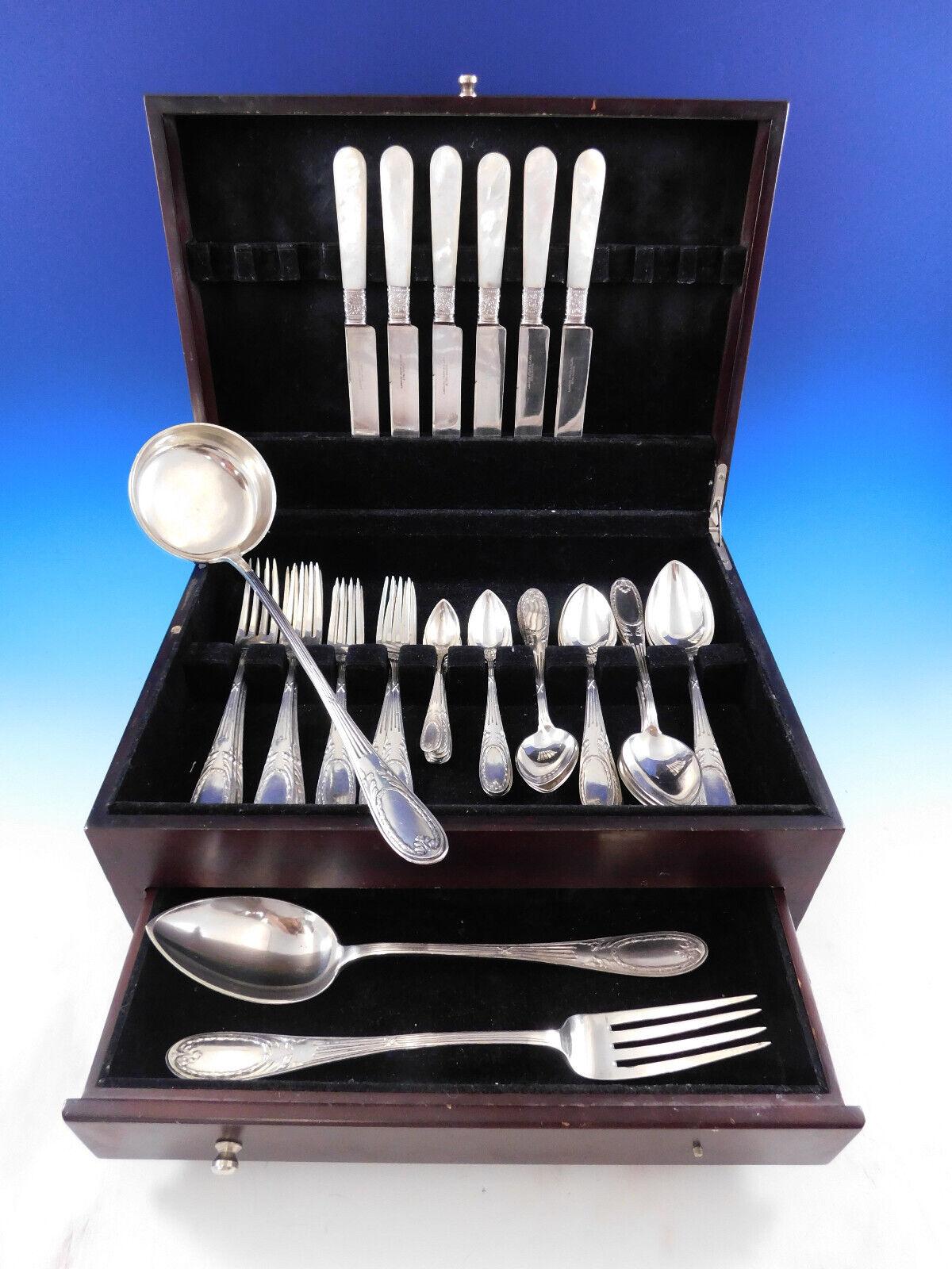 Superb Marie Antoinette by Rojorzelsk Russian 840 silver flatware service - 43 pieces total (including Mother of Pearl handle knives). This set includes:

6 Knives, Mother of Pearl Handle (not Russian) 8 1/2