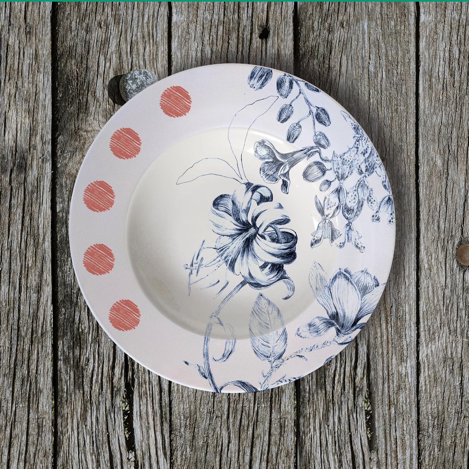 Marie Antoniette pasta plates, are designed as the porcelain set of a contemporary Queen Marie Antoniette, still alive in 2020. It is an explosion of detailed flowers and blossoms, originally hand-painted with an engraving technique that is some