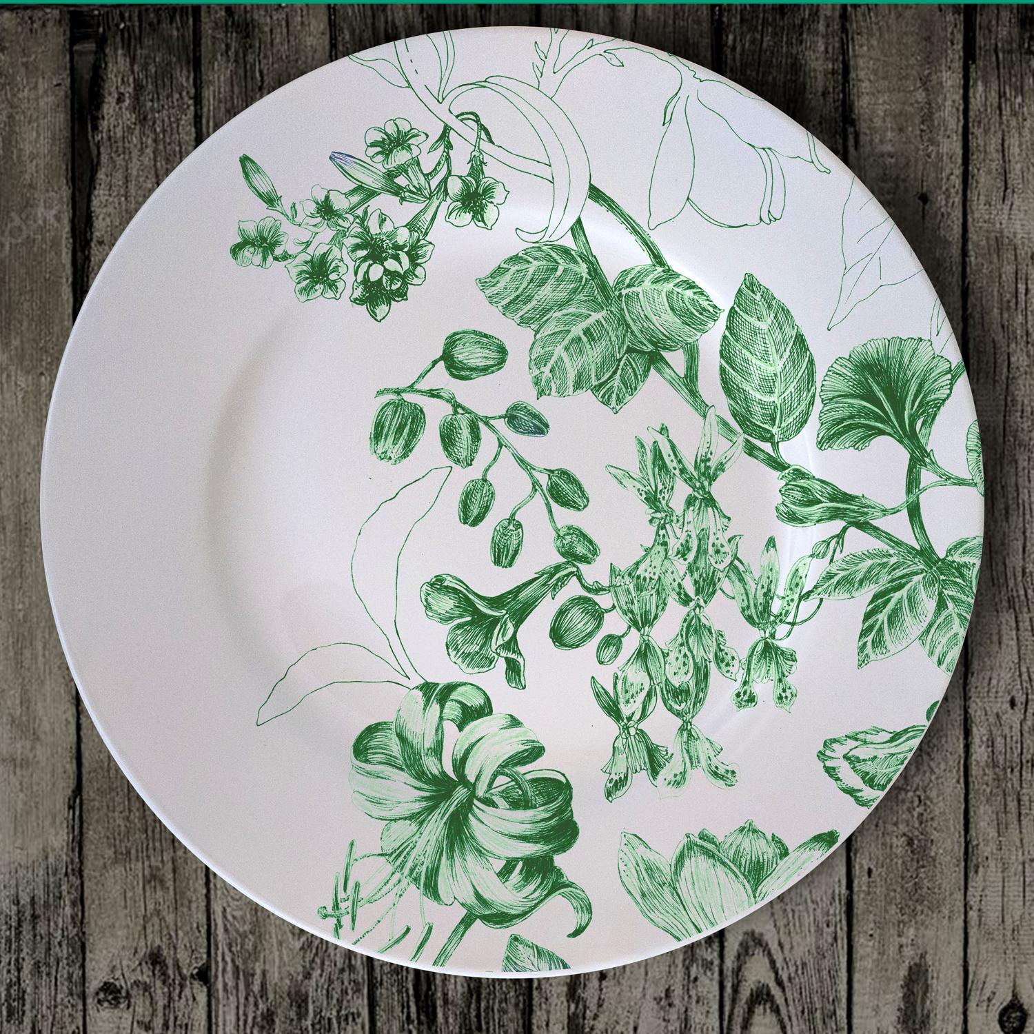 Marie Antoniette dinner plates, are designed as the porcelain set of a contemporary Queen Marie Antoniette, still alive in 2020. It is an explosion of detailed flowers and blossoms, originally hand-painted with an engraving technique that is some
